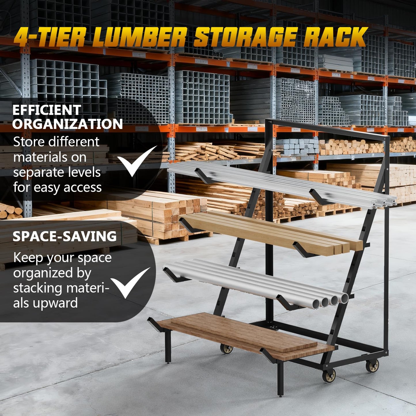 4 Tier Pipe And Lumber Storage Rack - Heavy Duty Pipe Rack With 4IN Swivel Casters And Adjustable Support Bar Weight Capacity Up To 1200LBS, Plywood Storage Shelf For Garage, Workshop And Warehouse