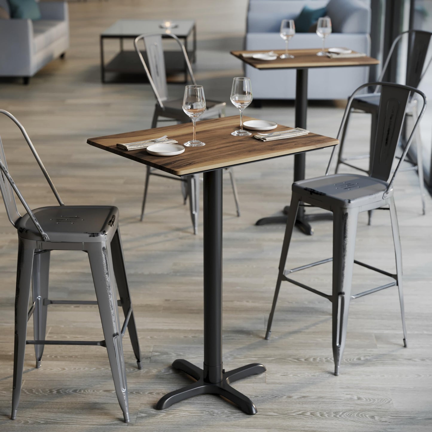 Flash Furniture TopGuard 30" x 24" Indoor Natural Tabletop with 22" x 22" Black Bar Height X Base, Seamless TopGuard HPL Top and Edge