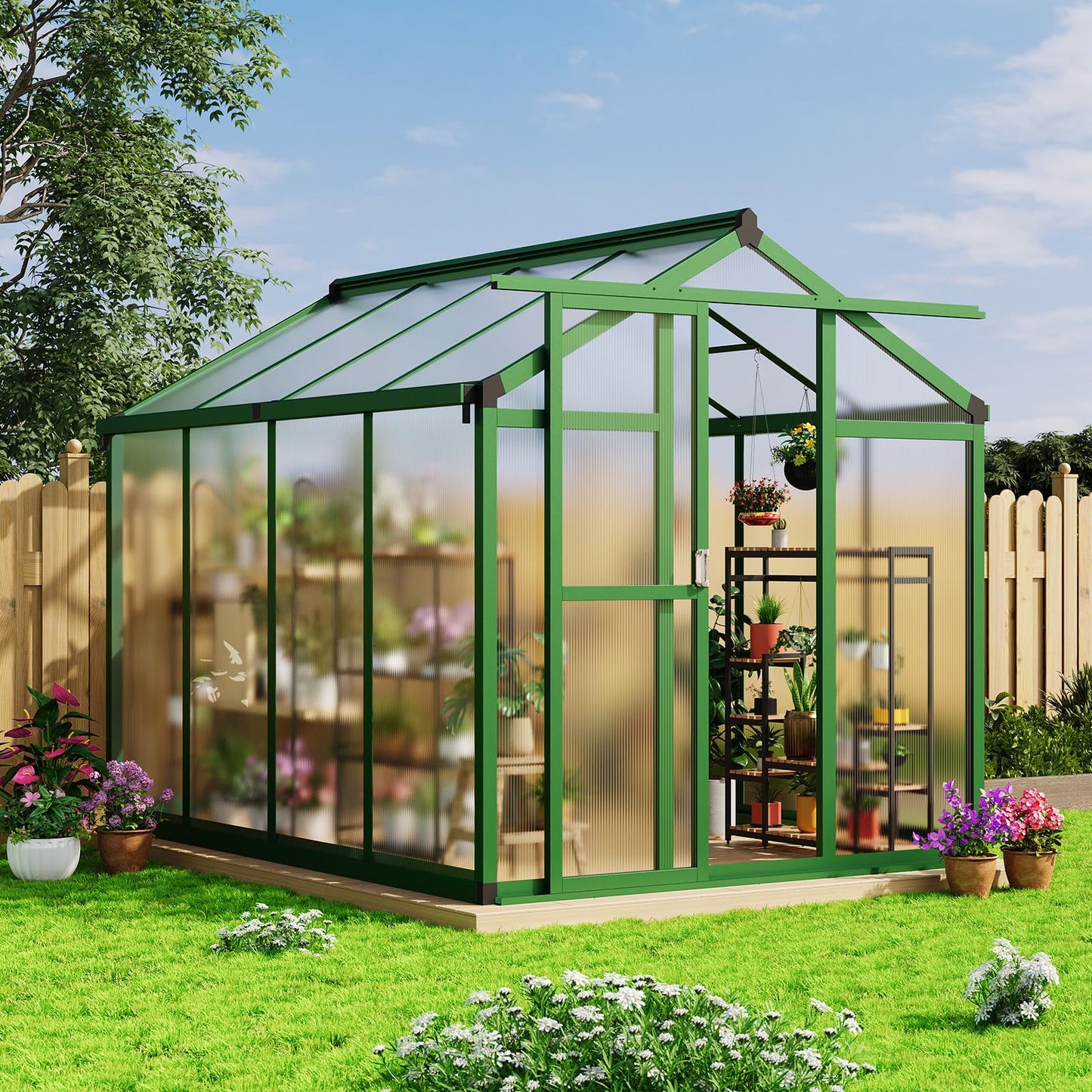 GAOMON 6 x 8 ft Greenhouse for Outdoor with Sliding Door, Green House with Polycarbonate Panel & Ajustable Roof Vent & Ground Nails, Walk-in Aluminum Greenhouses for Garden, Patio