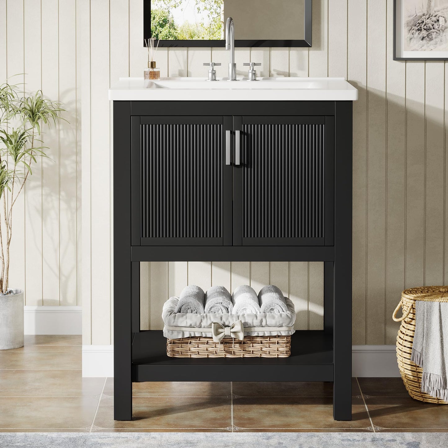 Tribesigns 24" Bathroom Vanity with Sink, Solid Wooden Frame Freestanding Vanity with Ceramic Porcelain Basin, 2-Door Storage Cabinet & Open Shelf for Small Bathroom, Industrial, Black