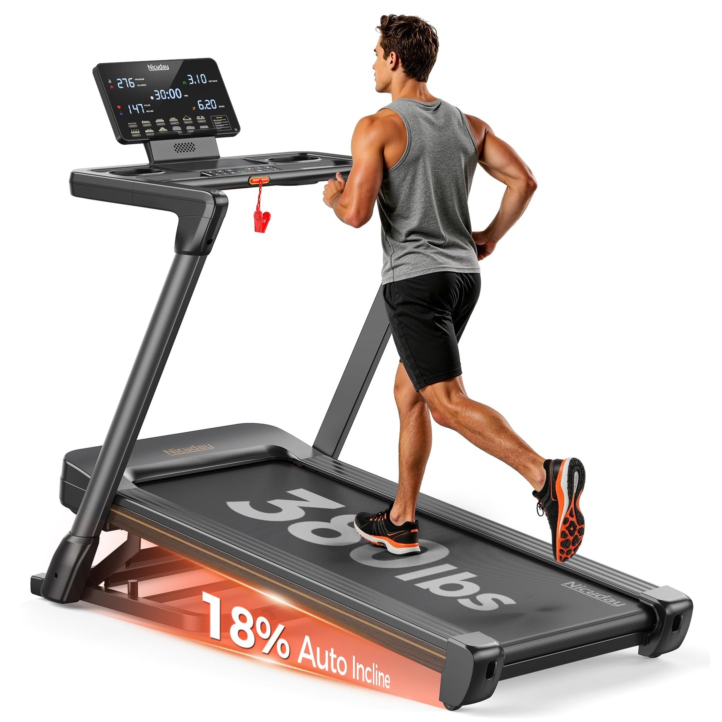 Niceday TM2 Treadmill with 18% Auto Incline, 3.0HP Brushless Wide Belt Foldable Home Treadmills with Handles,380 lb Capacity, Smart Fitness Apps and 0.6-8.7MPH Indoor Running Machine for Fun Home Gym