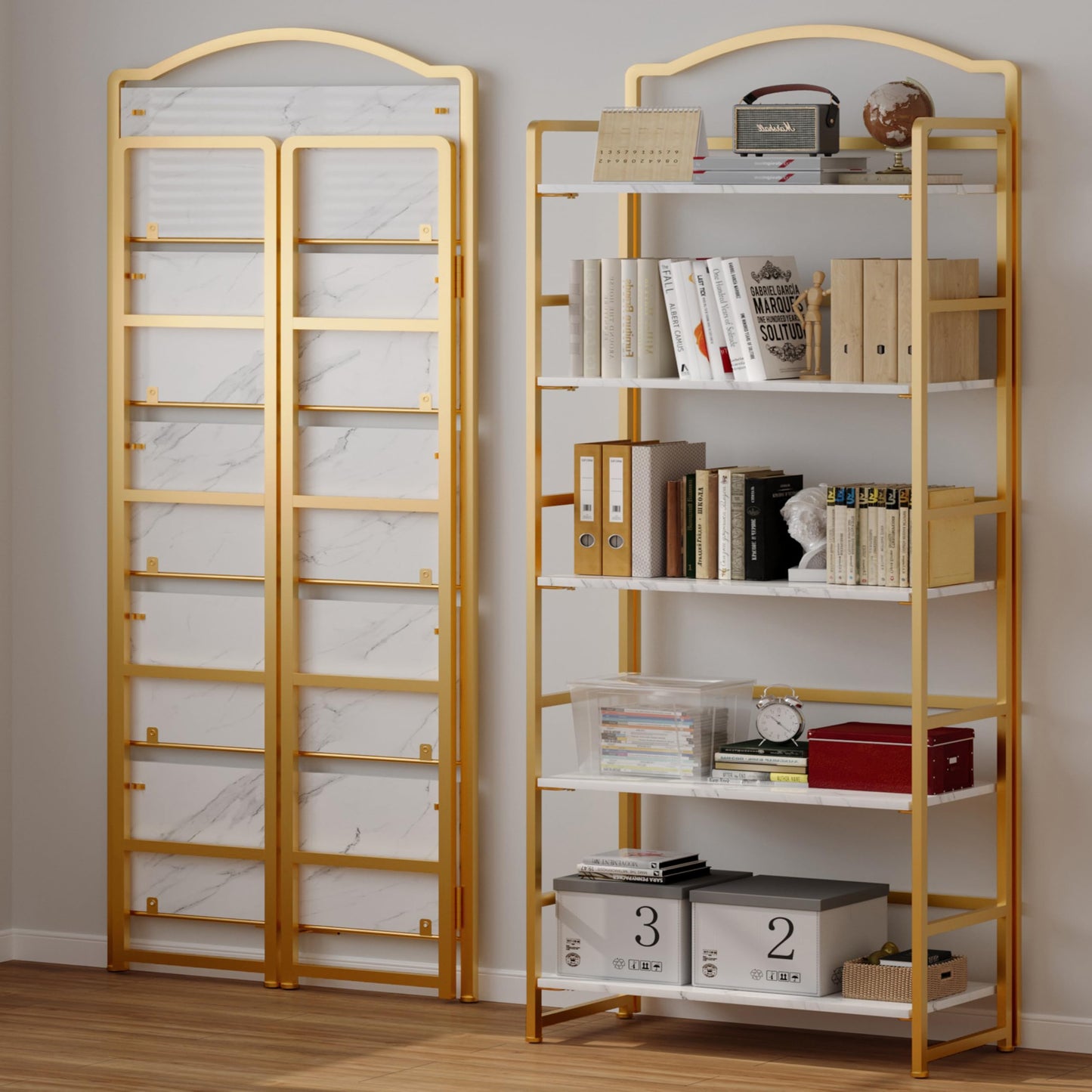 JSB 5 Tier No Assembly Folding Bookshelf, Arched Bookshelf, Foldable Bookcase for Living Room, Bedroom, Office,Skinny Bookshelf (White and Gold)