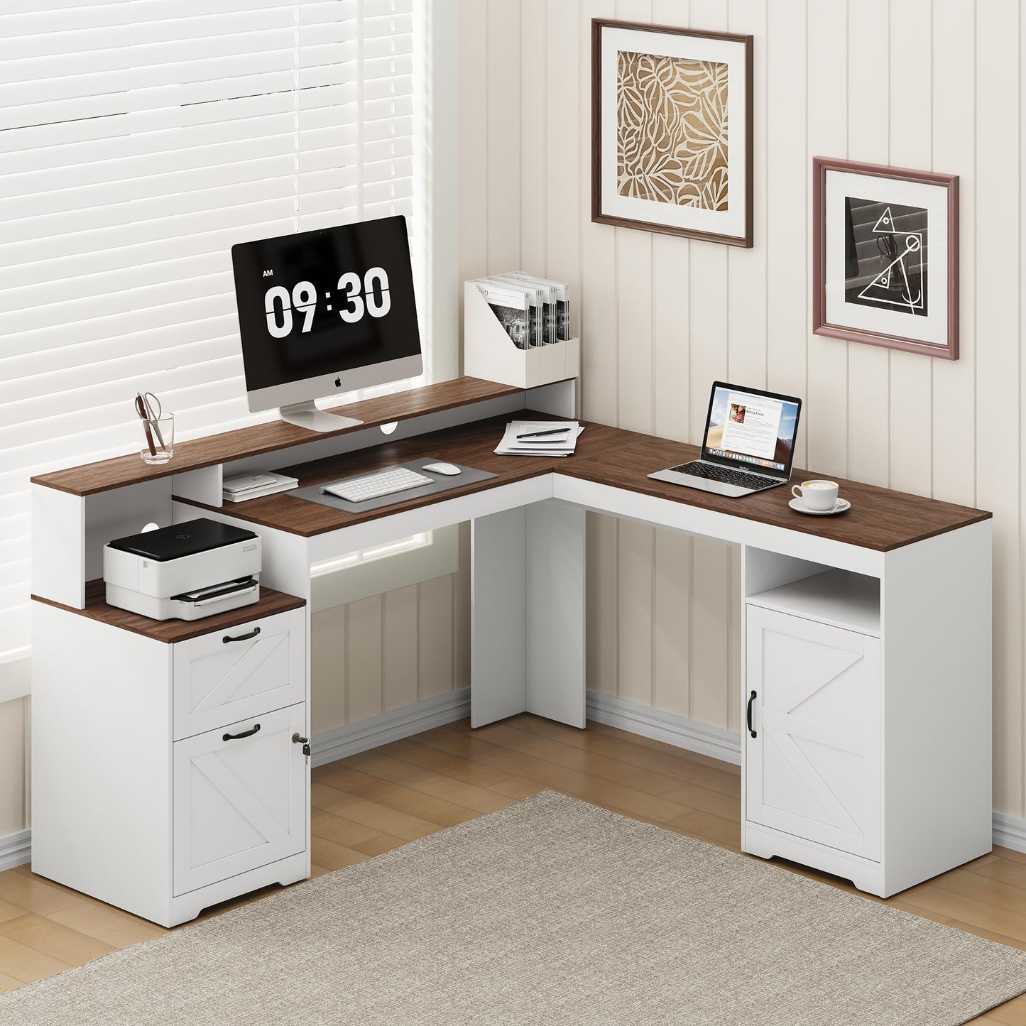 MALOL 63" Farmhouse L Shaped Executive Desk, Corner Computer Desk with Drawers & Storage Shelf, Home Office Desk with Power Outlet, Monitor Stand, Wood Grain Desktop, White & Rustic Brown