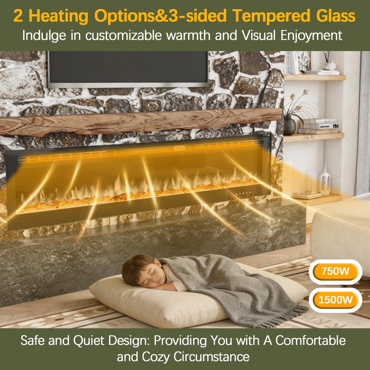 CharaVector 80 inch 750W/1500W Electric Fireplace Inserts with Remote Control in Wall Mounted, Energy Saving LED Insert Fireplace Heater Indoor Glass View with Remote Control & Touch Screen, Black