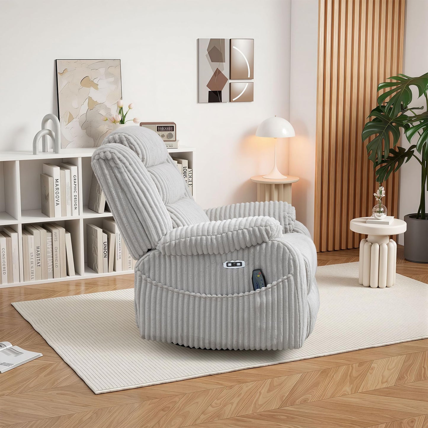 ERYE 41.8" Oversized Swivel Glider Rocker Chair Power Reclining Chair W/Vibration Heat,USB-C Ports,Modern Corduroy Upholstered Power Recliner Nursery Armchair Living Room