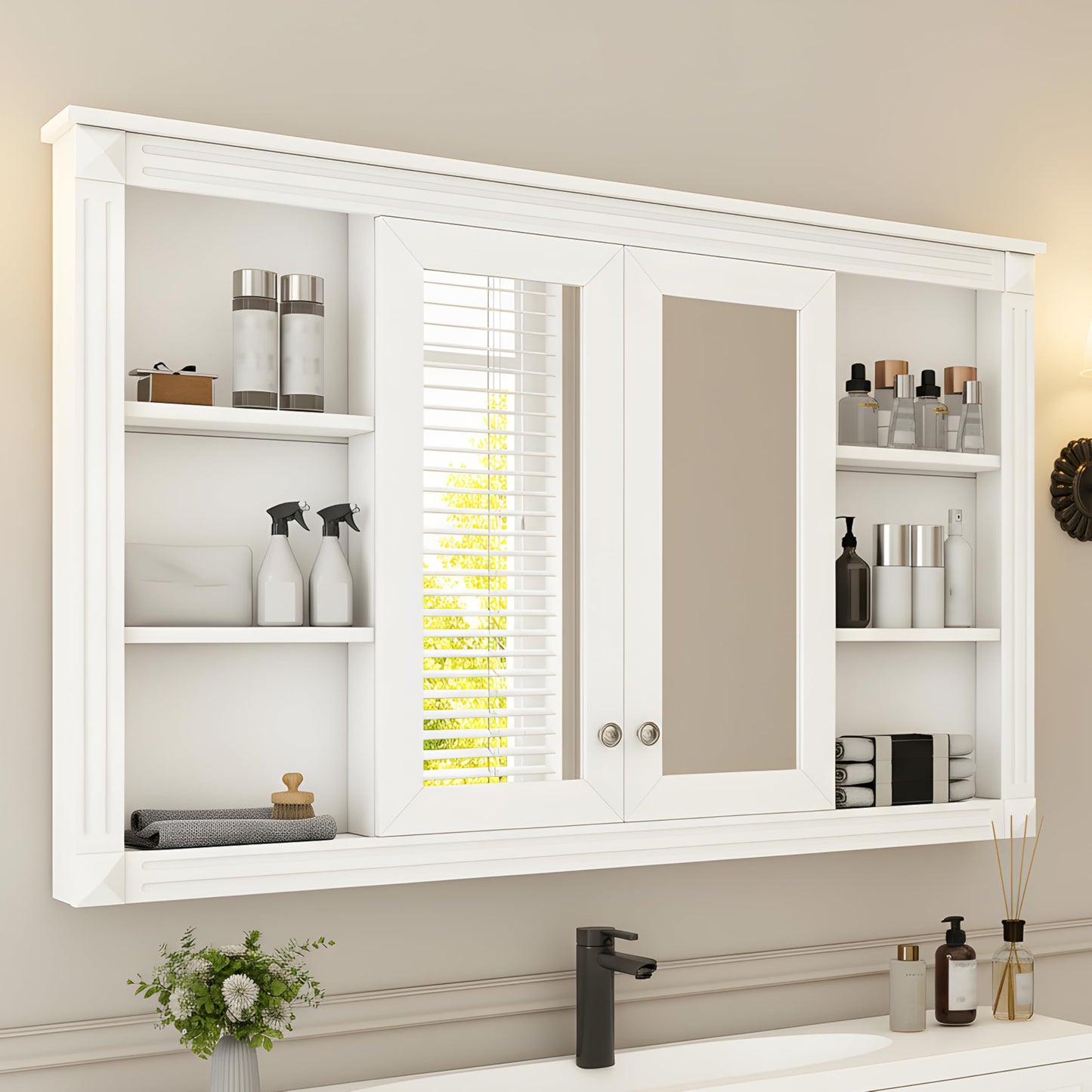 Merax Bathroom Medicine Cabinet with Mirror Door & Adjustable Shelf, 48" x 28" Wall Mounted Bathroom Storage Cabinet with Mirror, Over The Toilet