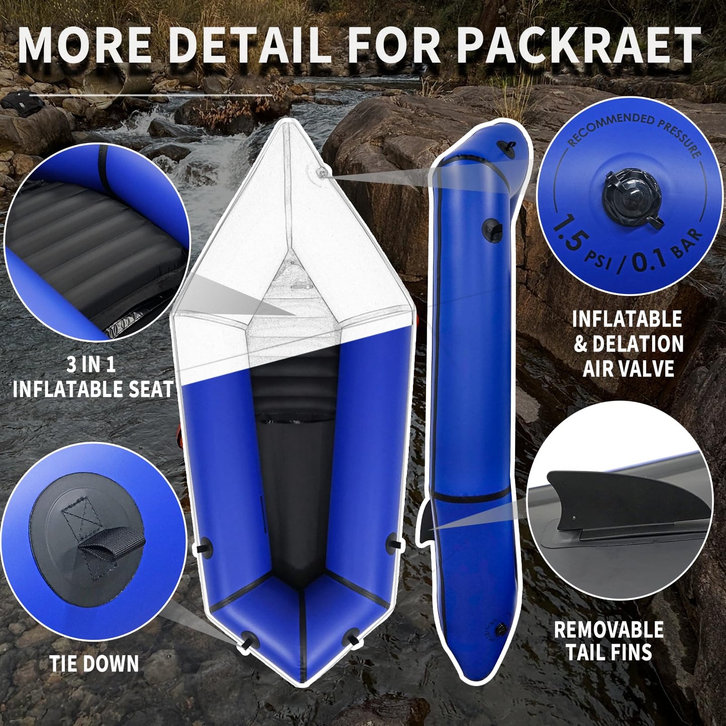 JUSTOOP Lightweight Packrafts, TPU Inflatable Packraft for Flat Water Rafting Camping Trip/Fishing/Water Adventures, Blue, 1 Person, 330lb Weight Capacity