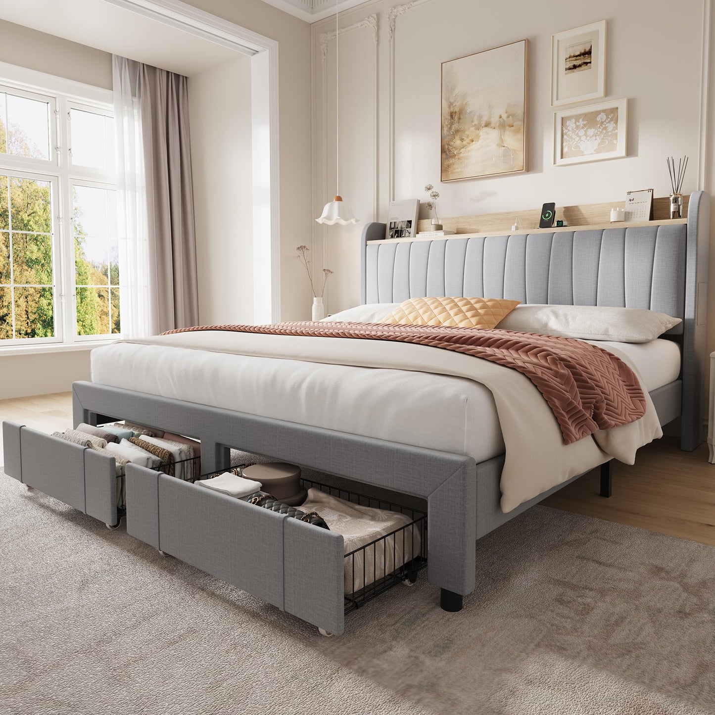 GarveeHome King Size Bed Frame with Storage Headboard, Upholstered Platform Beds with Drawers, Charging Station, Noise-Free, No Box Spring Needed, Easy Assembly, Light Grey
