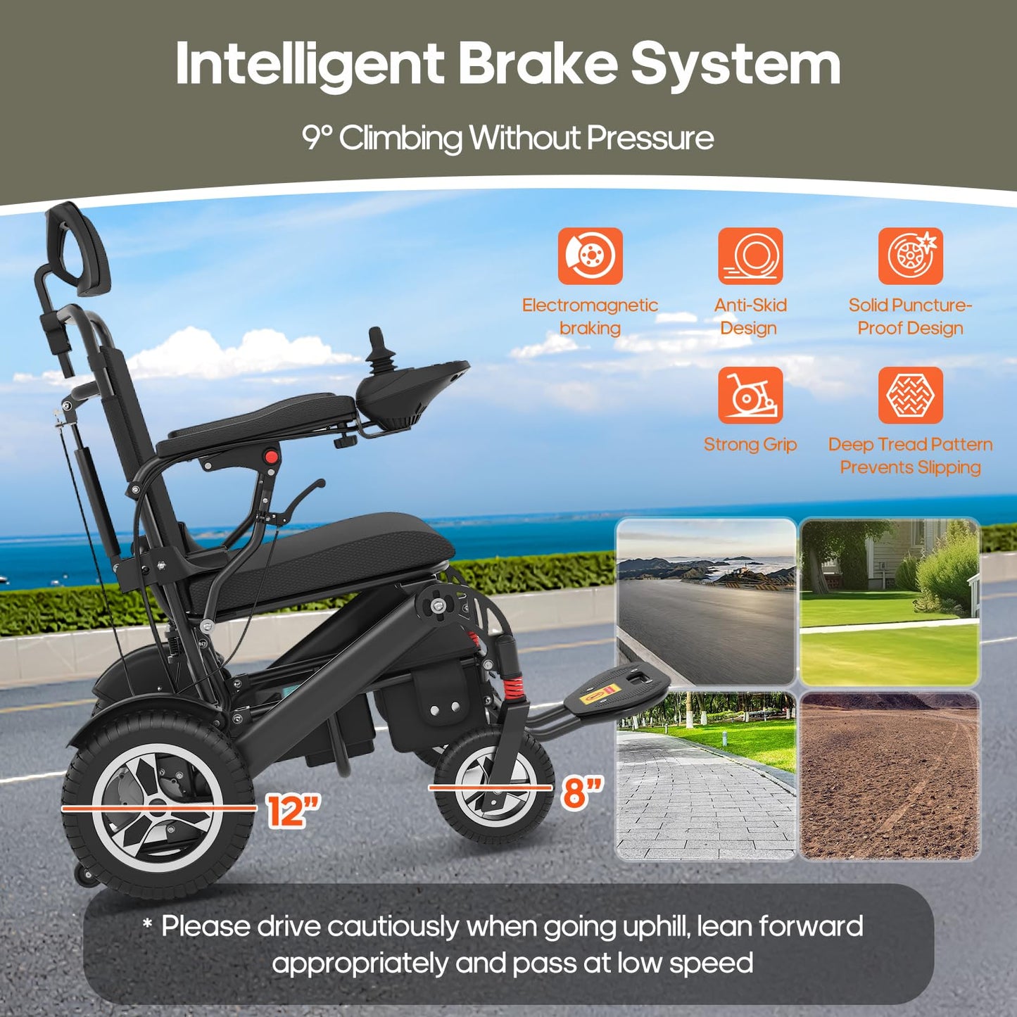 Reclining Electric Wheelchair for Adults Foldable Power Motorized Wheelchair Reclining Backrest All Terrain Electric Wheelchair for Seniors Portable Airline Approved Black
