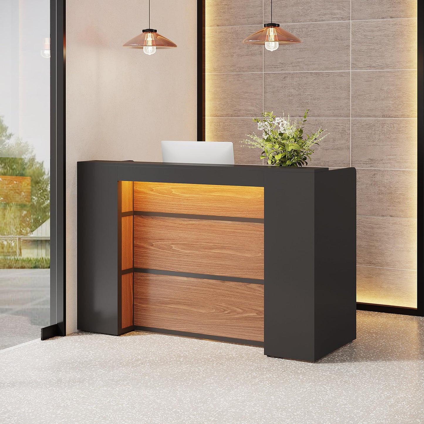 Tribesigns Reception Desk with LED Lights, 63 Inches Front Counter Desk for Checkout, Lobby, Salon, Retail, Modern Large Counter Table for Store Shop Clinic Office (Black&Brown)