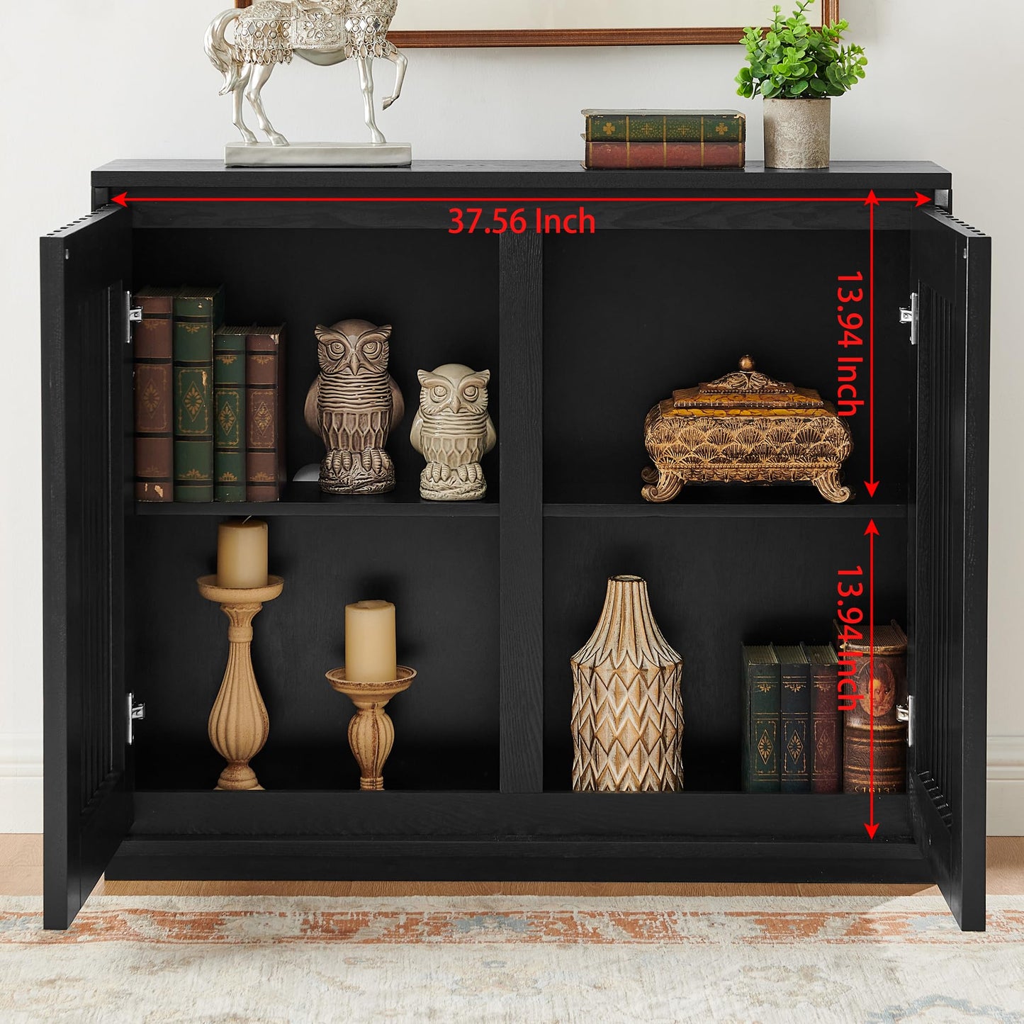 KEIKI 39" Mid Century Modern Fluted Hollowed Out Sideboard Cabinet with 2 Outlet Holes, Buffet Cabinet with Storage, Storage Cabinet for Living Room, Entryway, Hallway, Dining Room, Kitchen, Black