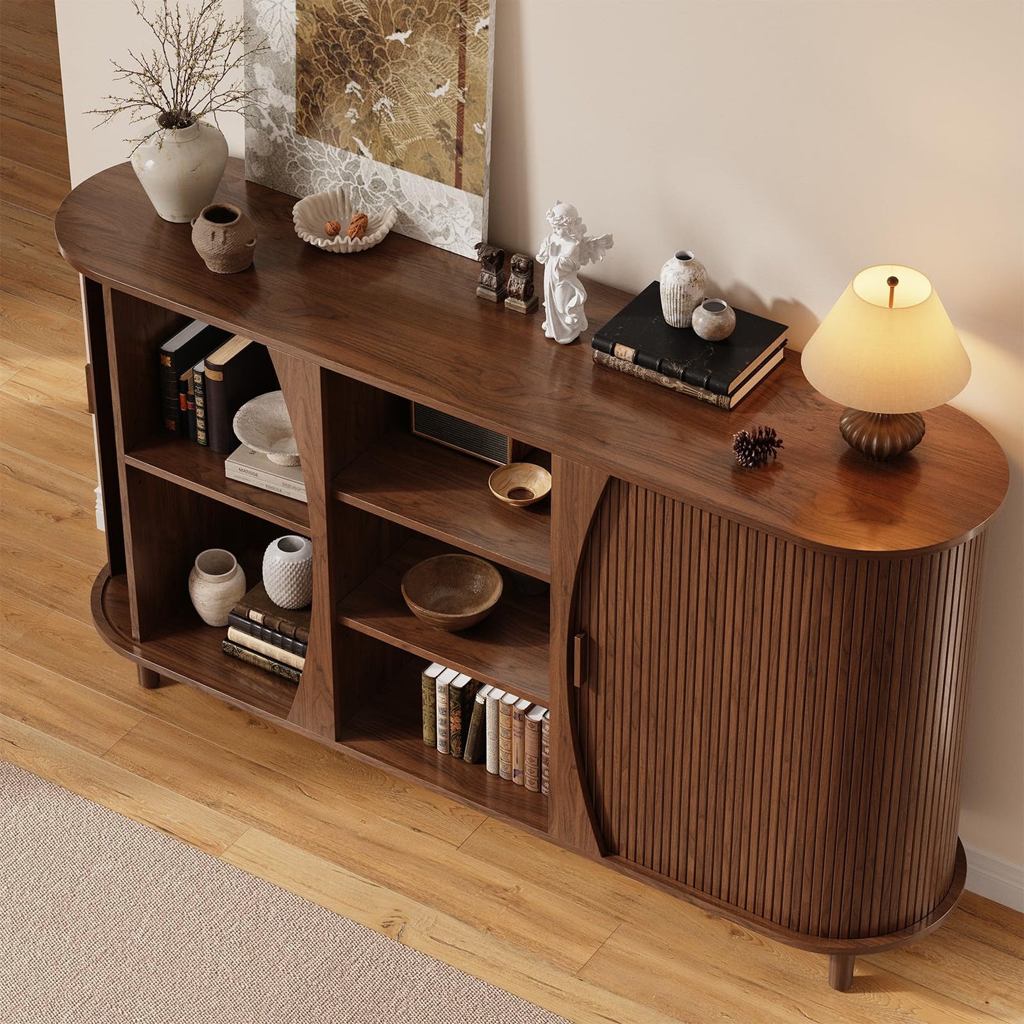 ONBRILL 59" Curved Buffet Cabinet with Storage, Sideboard Cabinet with Adjustable Shelves, Mid-Century Modern Buffet Cabinet with Sliding Doors and 6 Wood Legs, Storage Cabinet for Living Room, Walnut