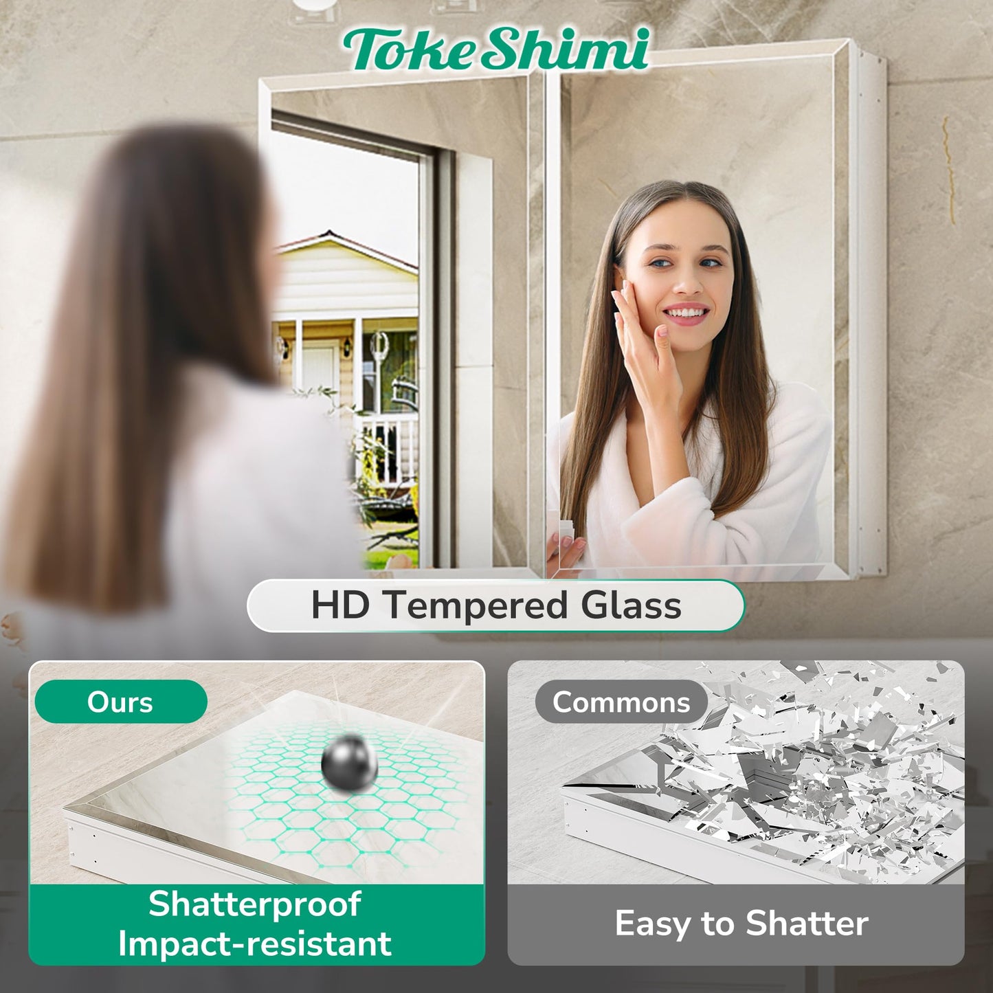 TokeShimi 30 x 26 Medicine Cabinet, Assembly Required, Recessed Medicine Cabinet with Tempered Beveled Mirror, DTC Hinge, Frameless Bathroom Mirror with Storage, Recessed/Surface-Mounted