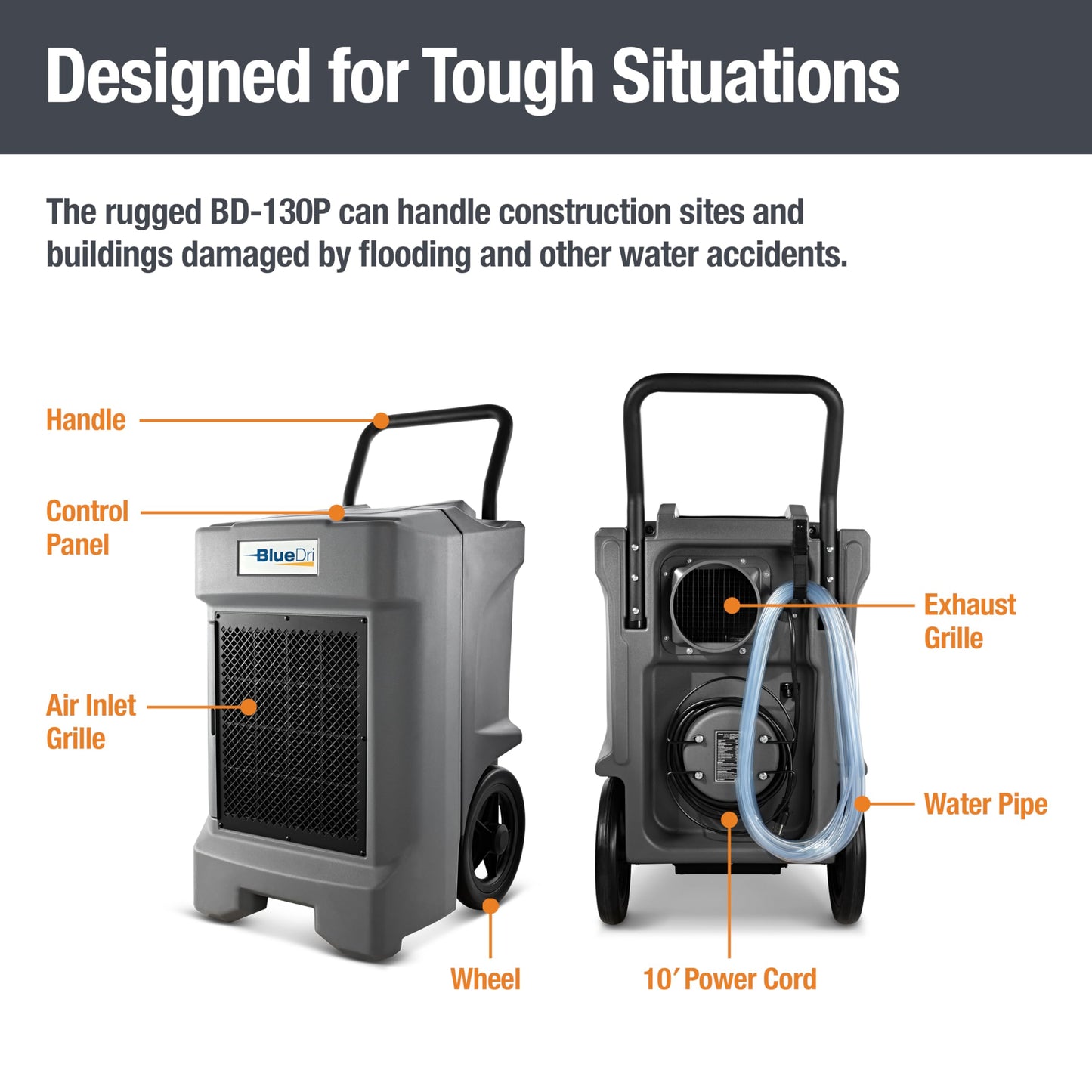 BlueDri BD-130P 225PPD Industrial Water Damage Equipment Commercial Dehumidifier with Hose for Basements in Homes and Job Sites, Gray