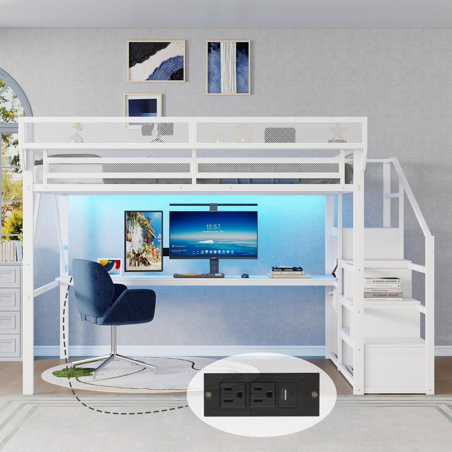 KEIKI Queen Size Metal Loft Bed Frame with Desk, Staircase, Built-in Storage Shelves and Wardrobe, Modern Loft Bed with Solid Slat, Guardrail, No Box Spring Required, Easy Assembly, for Bedroom, White