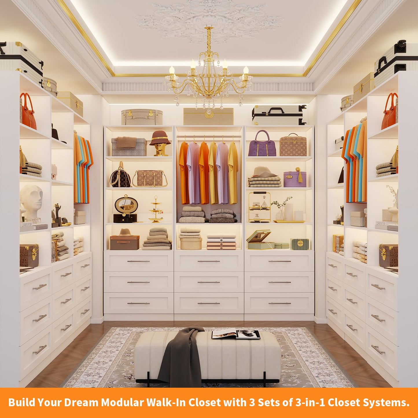 Closet System with 3 Sets, 6–15 FT Closet System with 9 Drawers, 9 Shelves & 4 Adjustable Hanging Rods, Max 189.3" Closet Organizer Systems for Walk-in Closets, Modular Custom Closet Tower, White