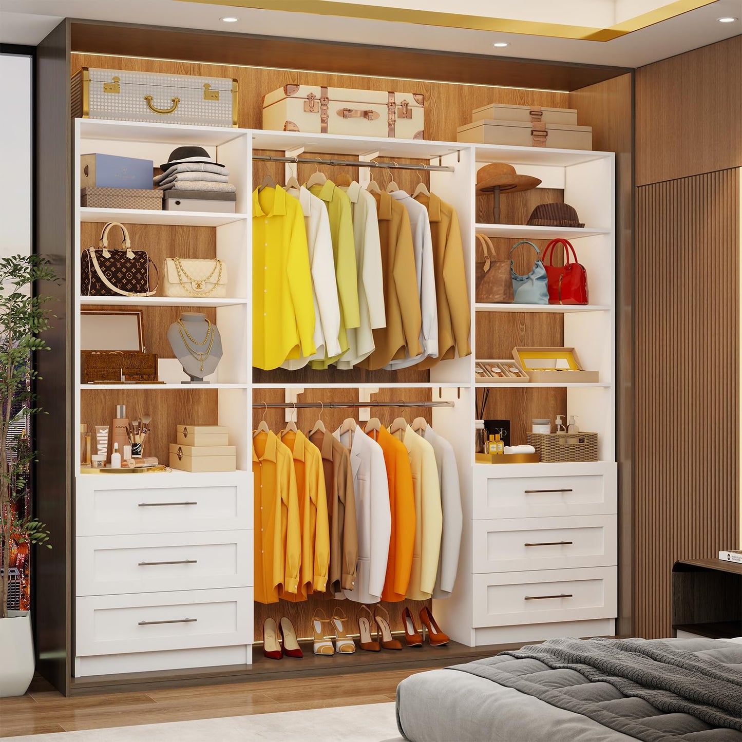 secilix Closet System with 6 Wood Drawers, 6-12FT Closet Organizer System with Cuttable Shelves for Walk in Closet with 6 Expandable Hanging Rods, Heavy Duty Built-in Closet for Bedroom, White