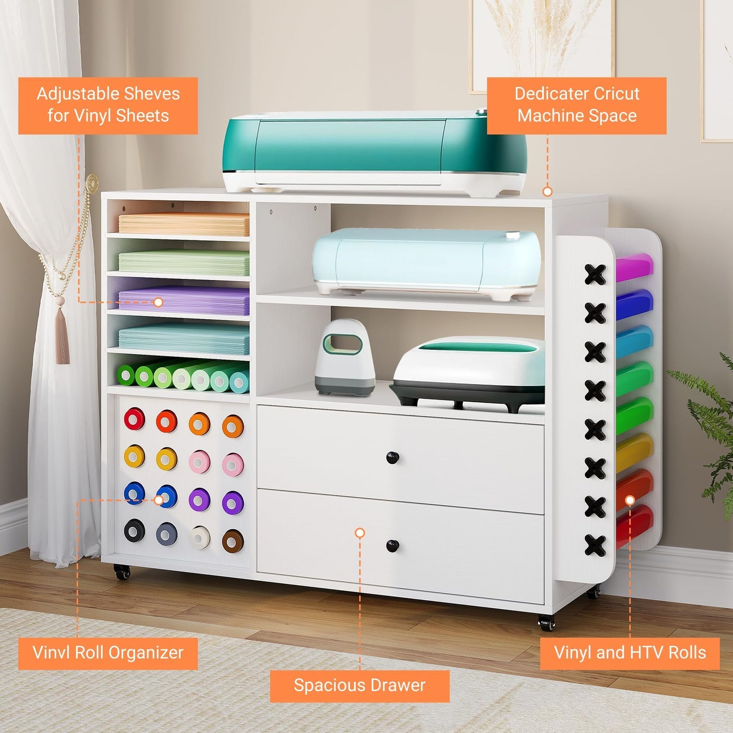 MilleLoom Craft Cart with Vinyl Roll Holder - Large Rolling Cricut Cart Organizer & Workstation, Craft Storage Table Compatible with Cricut Machine, Heat Press, Craft Room White