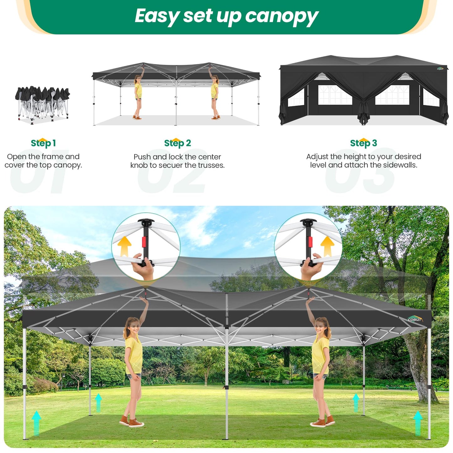 COBIZI Canopy 10x20 Pop Up Canopy Tent with 6 Sidewalls, One Push Party Tents for Parties Outdoor Wedding Waterproof Gazebo Commercial Event Tent with Sandbags, Black