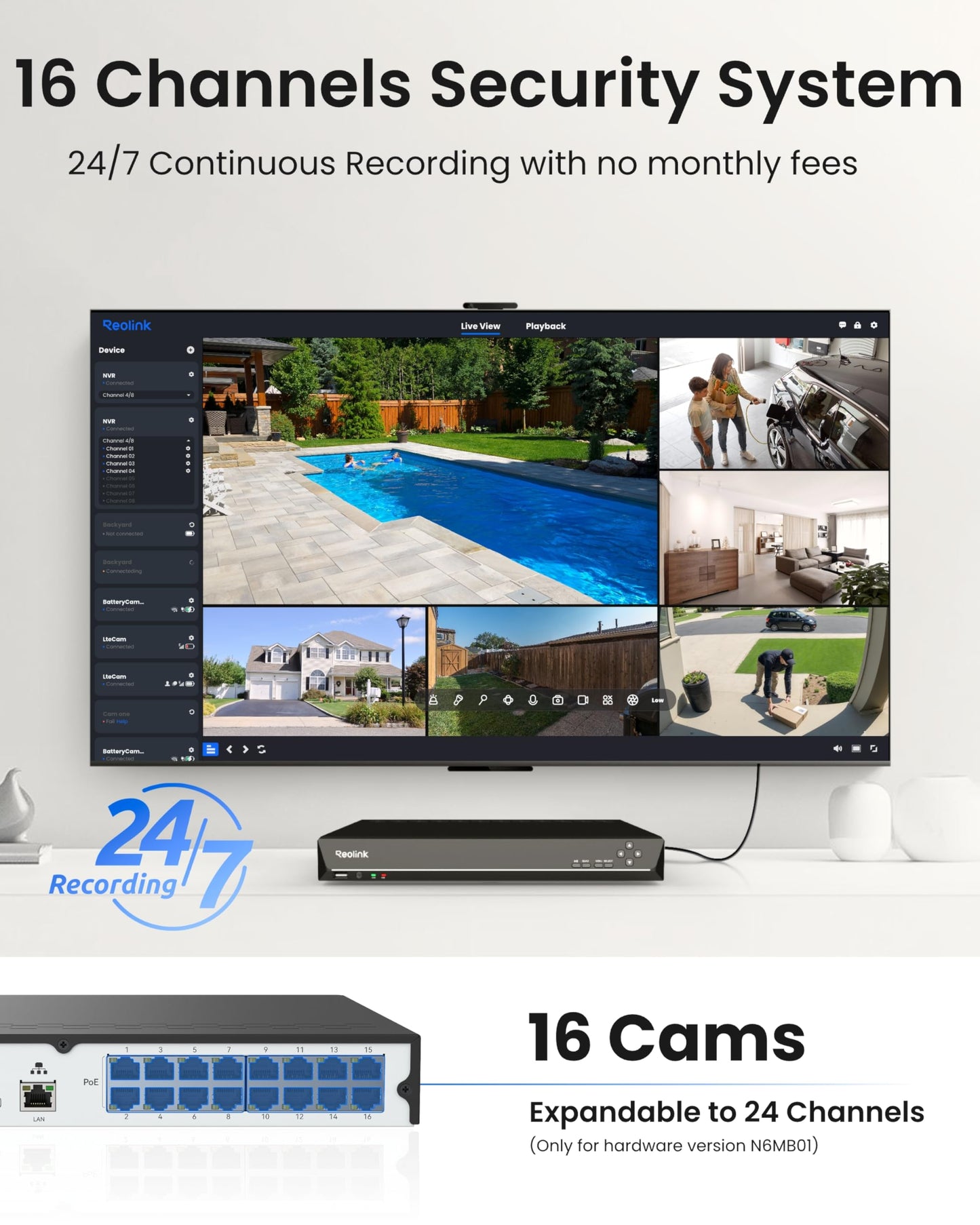 REOLINK 16CH PoE NVR for Home Security Camera System, 24/7 Recording(HDD Not Included), Smart Human/Vehicle/Animal Detection, Plug & Play, Support Up to 16TB, RLN16-410-NHD
