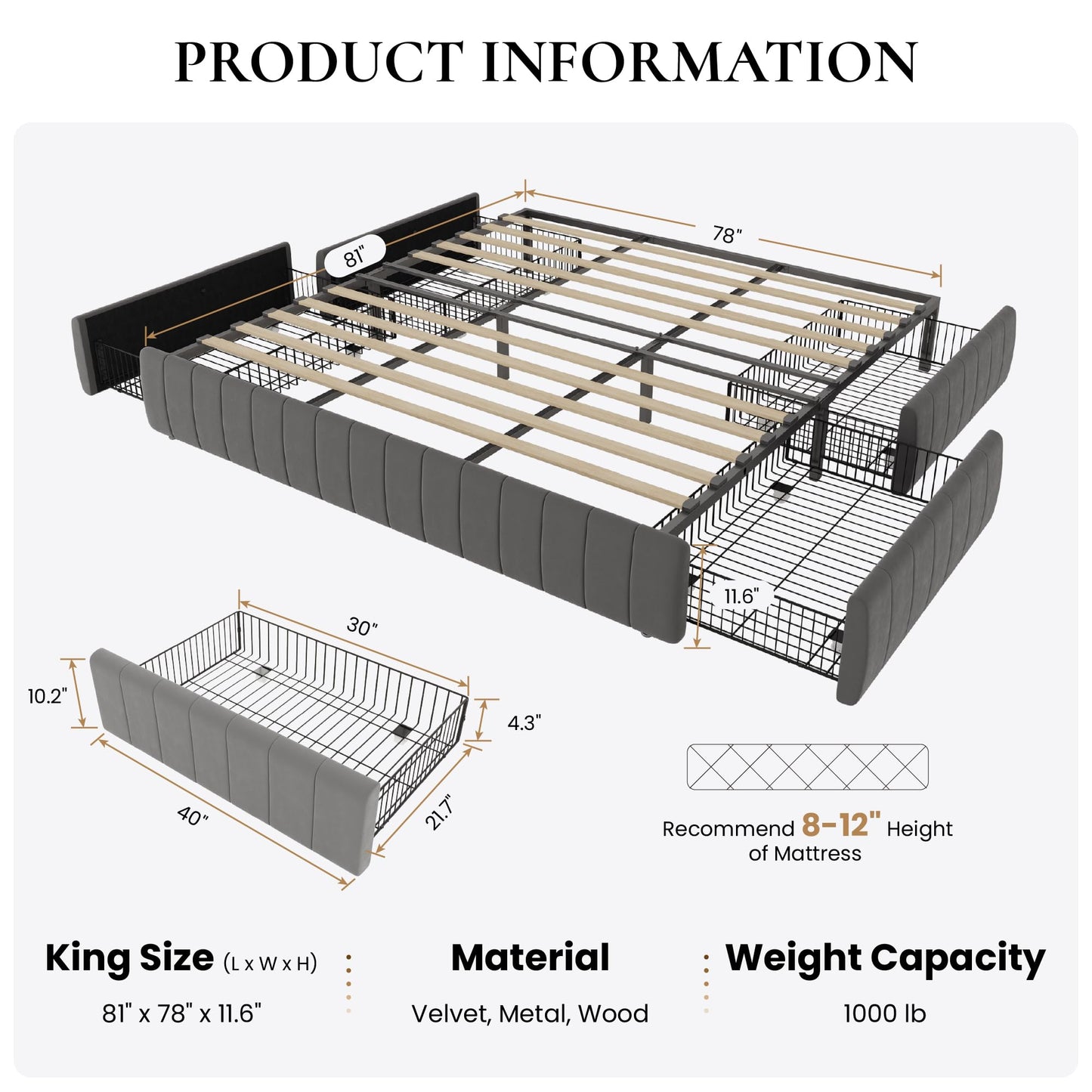 SHA CERLIN King Size Velvet Upholstered Platform Bed Frame with 4 Storage Drawers, Vertical Channel Tufted, Low Profile, Fits Standard Headboards, Wooden Slats Support, Easy Assembly, Grey