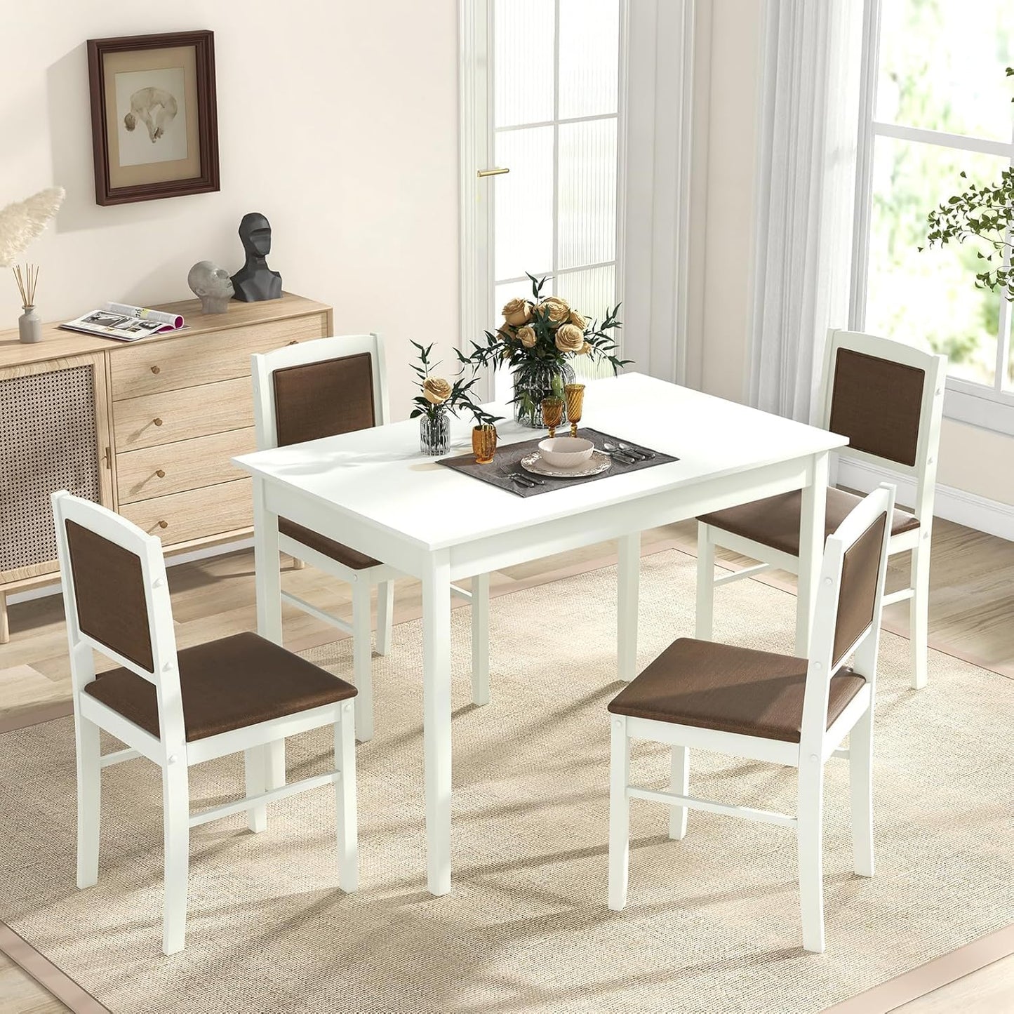 Tangkula Dining Table Set for 4, Farmhouse Solid Wood Dinette Set w/Rubber Wood Legs, Upholstered Seat & Padded Backrest, Mid-Century Modern Dining Table and Chairs Set for Kitchen, Dining Room