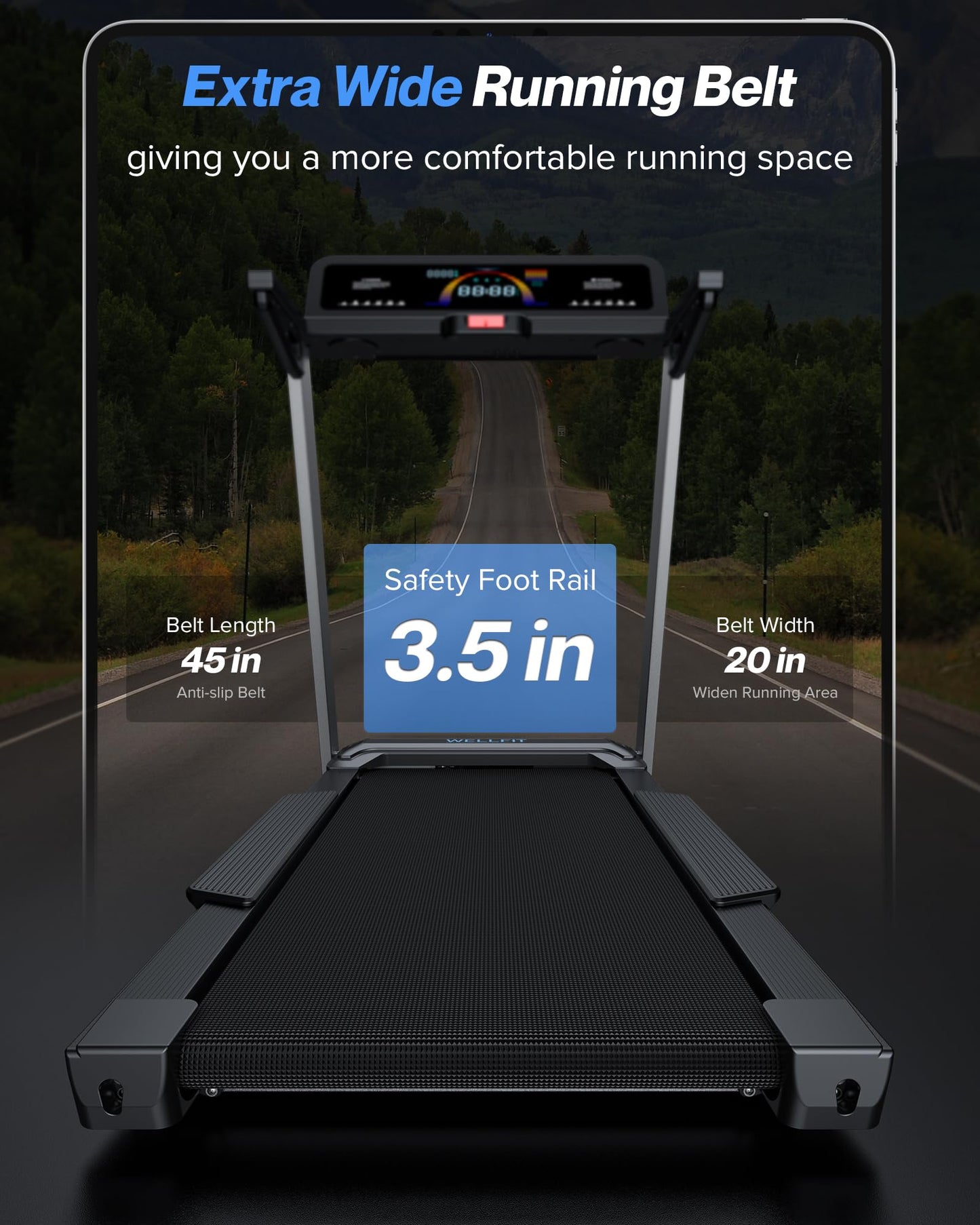 WELLFIT Home Treadmill, 2 Level Incline Heavyduty Treadmill with Pulse Sensor, 4.0 HP, 10 MPH, 450 lbs Capacity, 20'' x 45'' Running Area Treadmills with Bluetooth Player & LED Display
