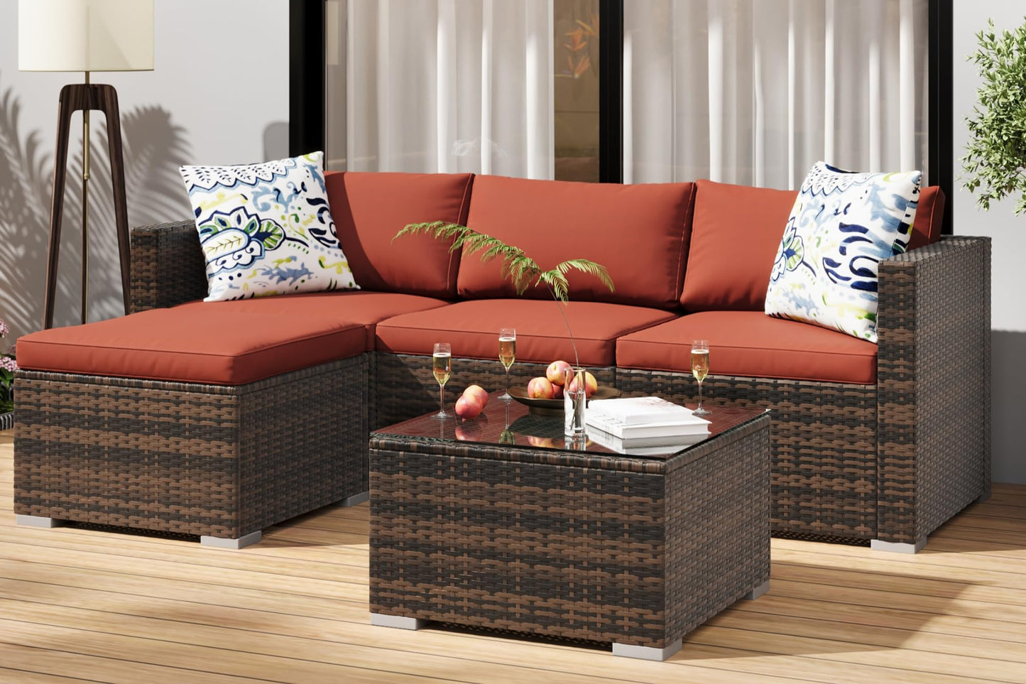 GarveeLife 5 Pieces Patio Furniture Set, Outdoor Sectional Sofa, All-Weather Wicker Conversation Set with Ottoman & Glass Coffee Table, Rattan Couch Seating for Garden, Backyard, Poolside, Wine Red