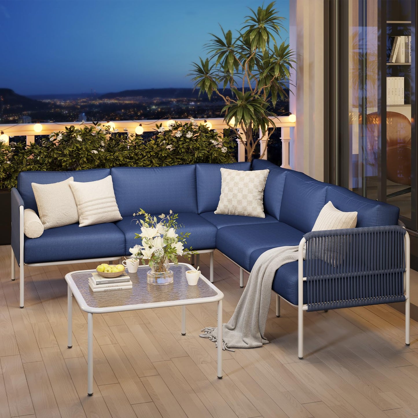 Jocoevol Patio Furniture Set, 6 Pieces Outdoor Sectional Sofa Set, L-Shaped Metal Patio Conversation Set with Side Table, Thick Cushions, All Weather Outdoor Couch for Backyard, Balcony, Garden