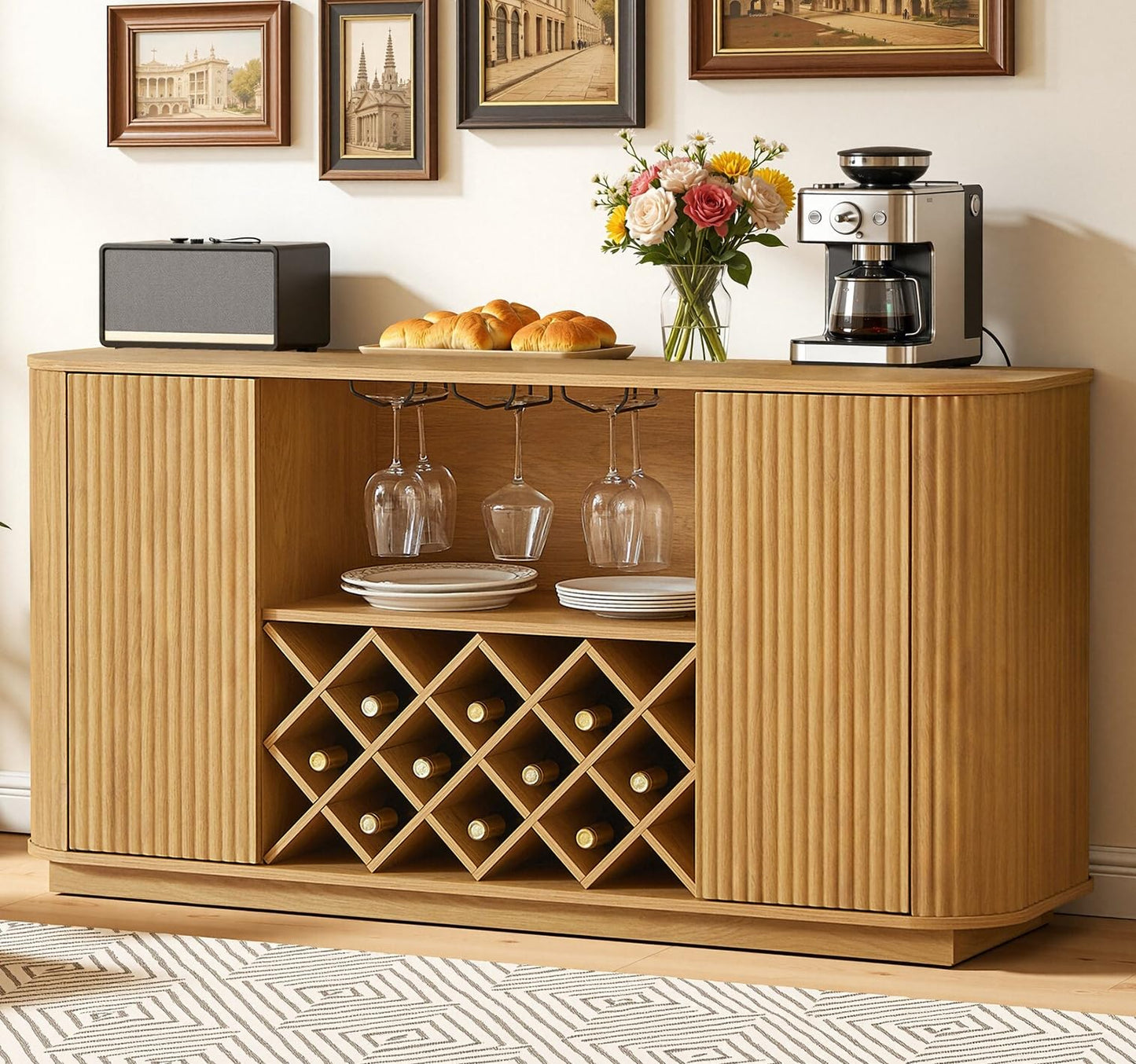Rovibek 58" Fluted Wine Bar Cabinet with Storage, Modern Buffet Cabinet Sideboard with Wine Rack and Glass Holder, Farmhouse Buffet Sideboard with Adjustable Shelves for Living Room, Kitchen (Natural)