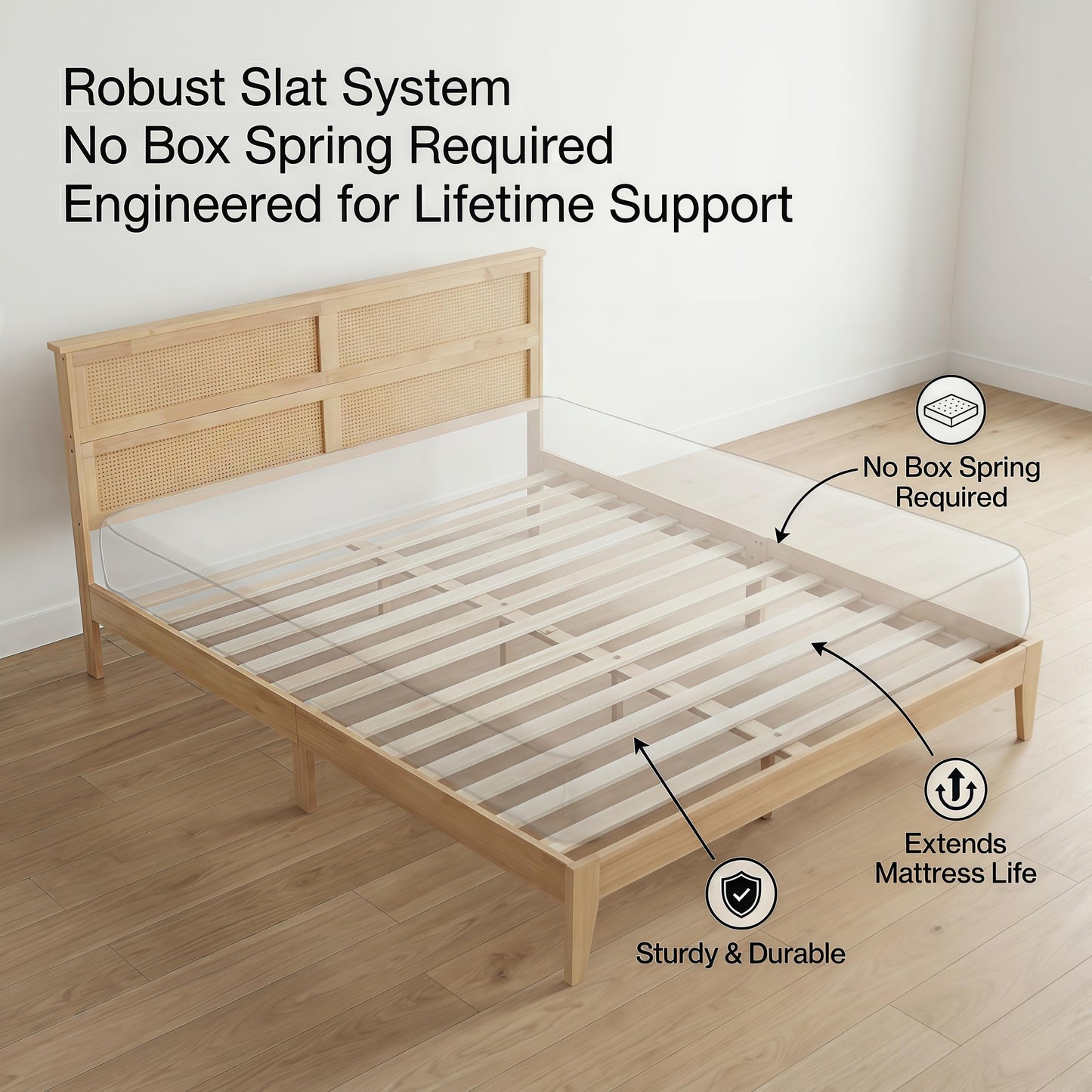 KEIKI King Size Solid Wood Bed Frame with Interwoven Rattan Headboard, Rubber Wood Platform Bed with Underbed Storage Space, Heavy Duty Support Legs, Noise Free Foundation, Natural