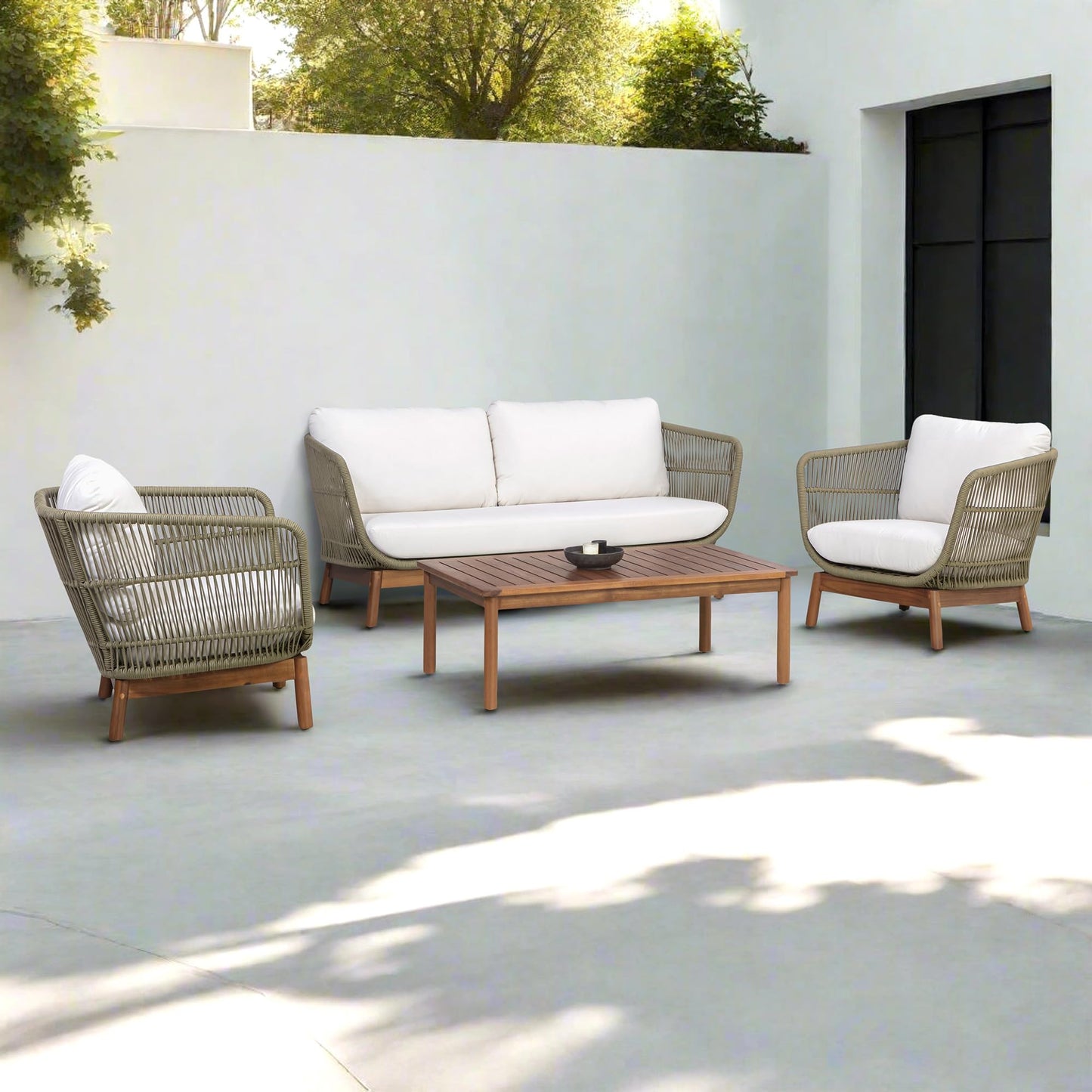 Teamson Home 4-Piece Outdoor Patio Furniture Set with Handwoven Rope, Acacia Wood Coffee Table, Weather-Resistant Cushions, and Aluminum Frame – Natural Brown & Sage Green