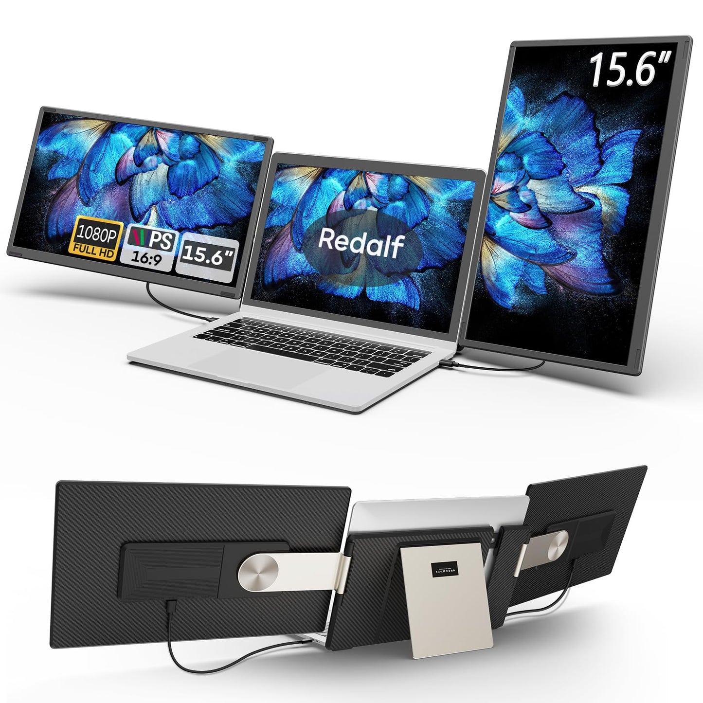 Laptop Screen Extender, 15.6'' 1080P FHD Laptop Monitor Extender with 235°Rotation Detachable Dual Monitor, Plug & Play, Triple Screen for 13"-17.3" Laptops Compatible with Mac/Wins/Android/Dex