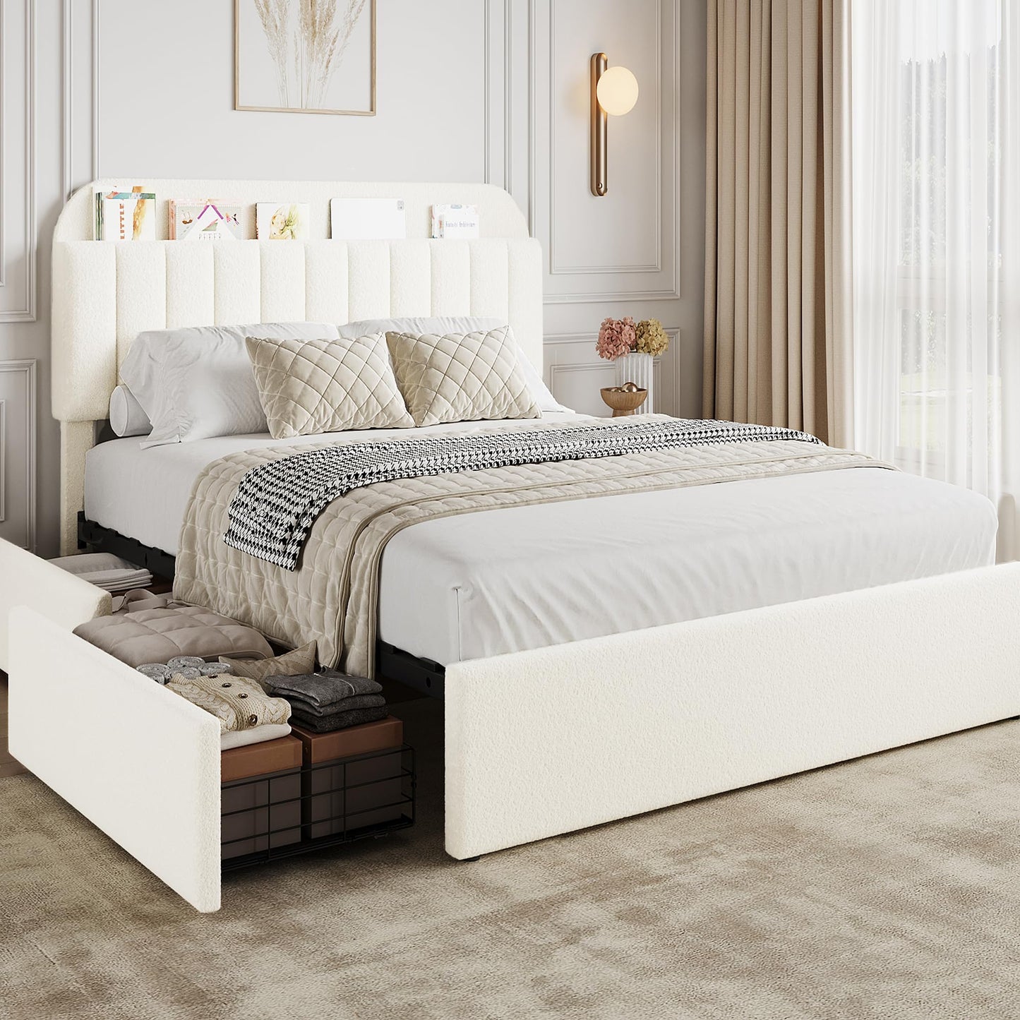 GarveeHome Full Bed Frame with Storage Headboard, Kids Bed Frame with 2 Drawers, Boucle Upholstered Platform Bed with Bookcase, No Box Spring Needed, Easy Assembly, Beige White