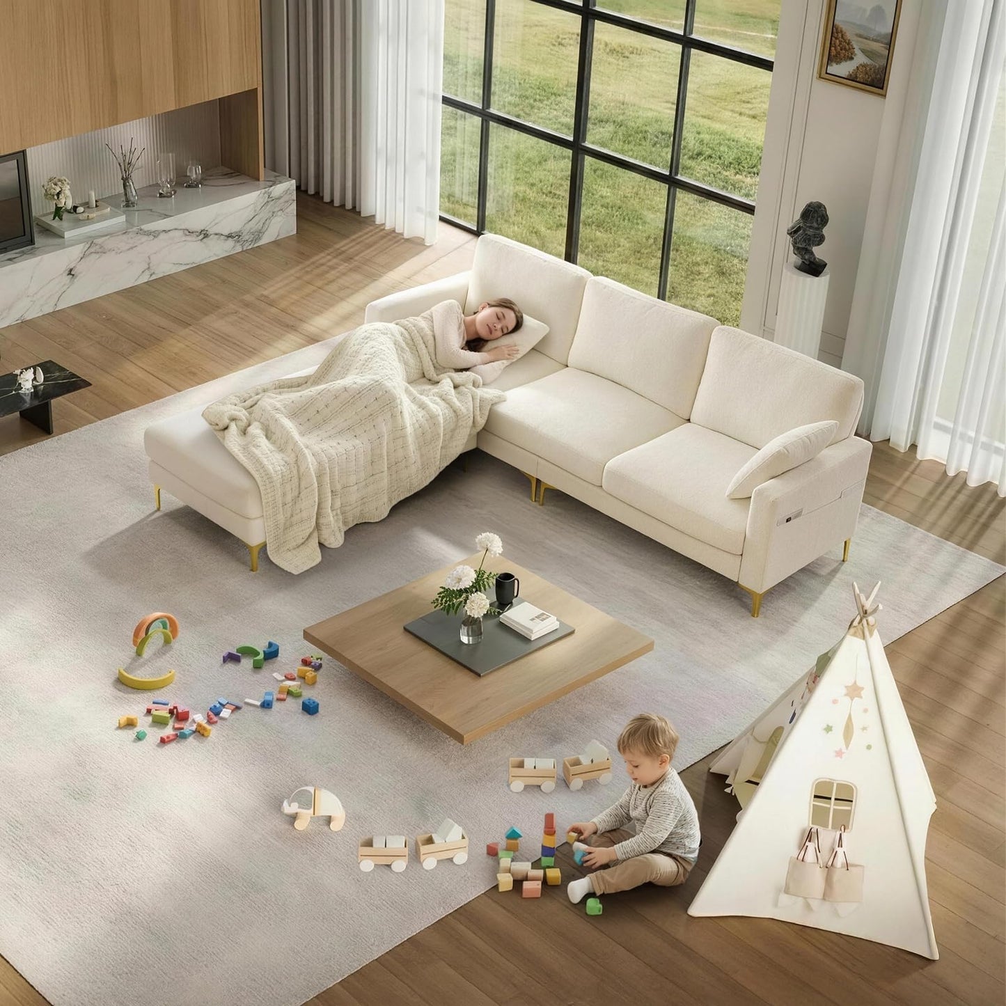 VINGLI 100" W U Shaped Couch with Ottoman, 22" Deep Seat Comfortable Sectional Couches for Living Room, 3 Seater Chenille Fabric Cloud Sofa for Apartment, Small Spaces, Bedroom, Beige