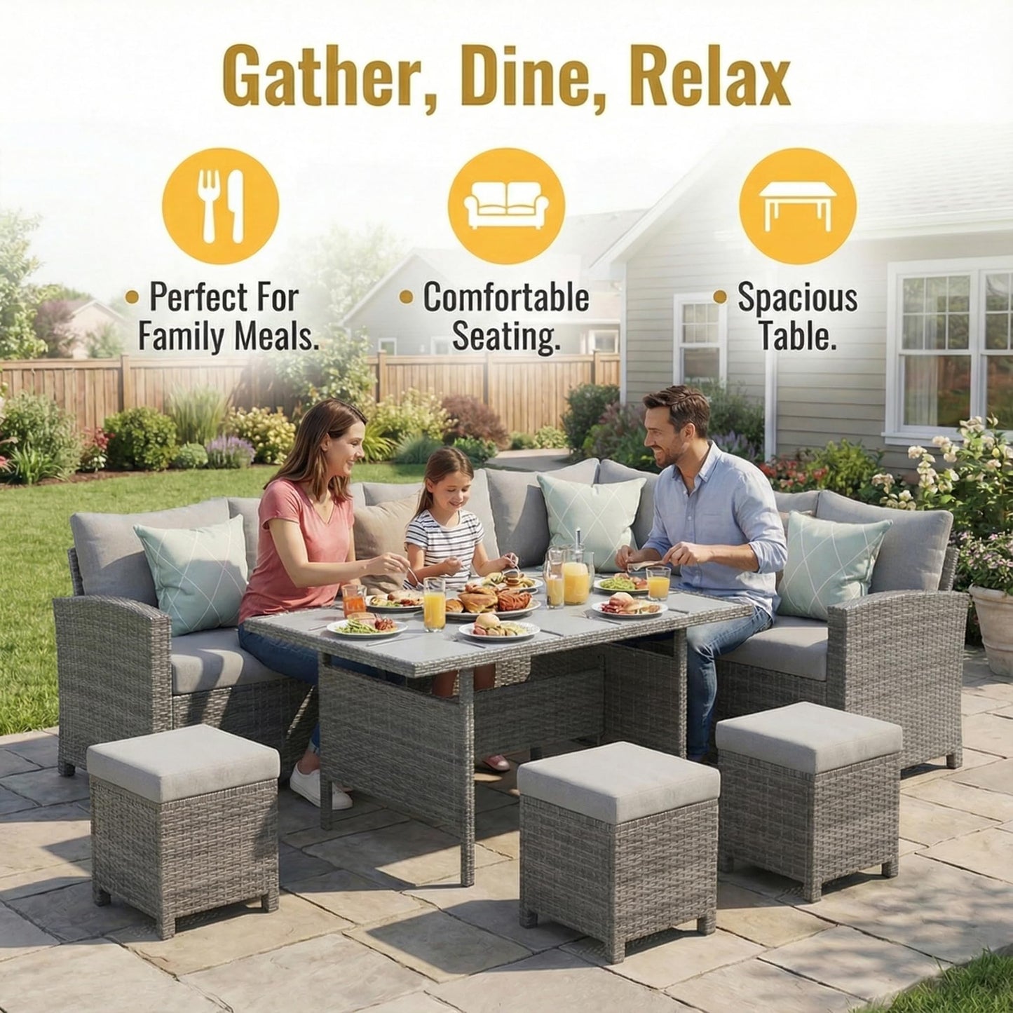 Wisteria Lane 7 Piece Patio Furniture Set, High Curved Back Wicker Outdoor Dining Set, All Weather Patio Sectional, Outdoor Furniture Patio Conversation Set with Ottoman, Grey
