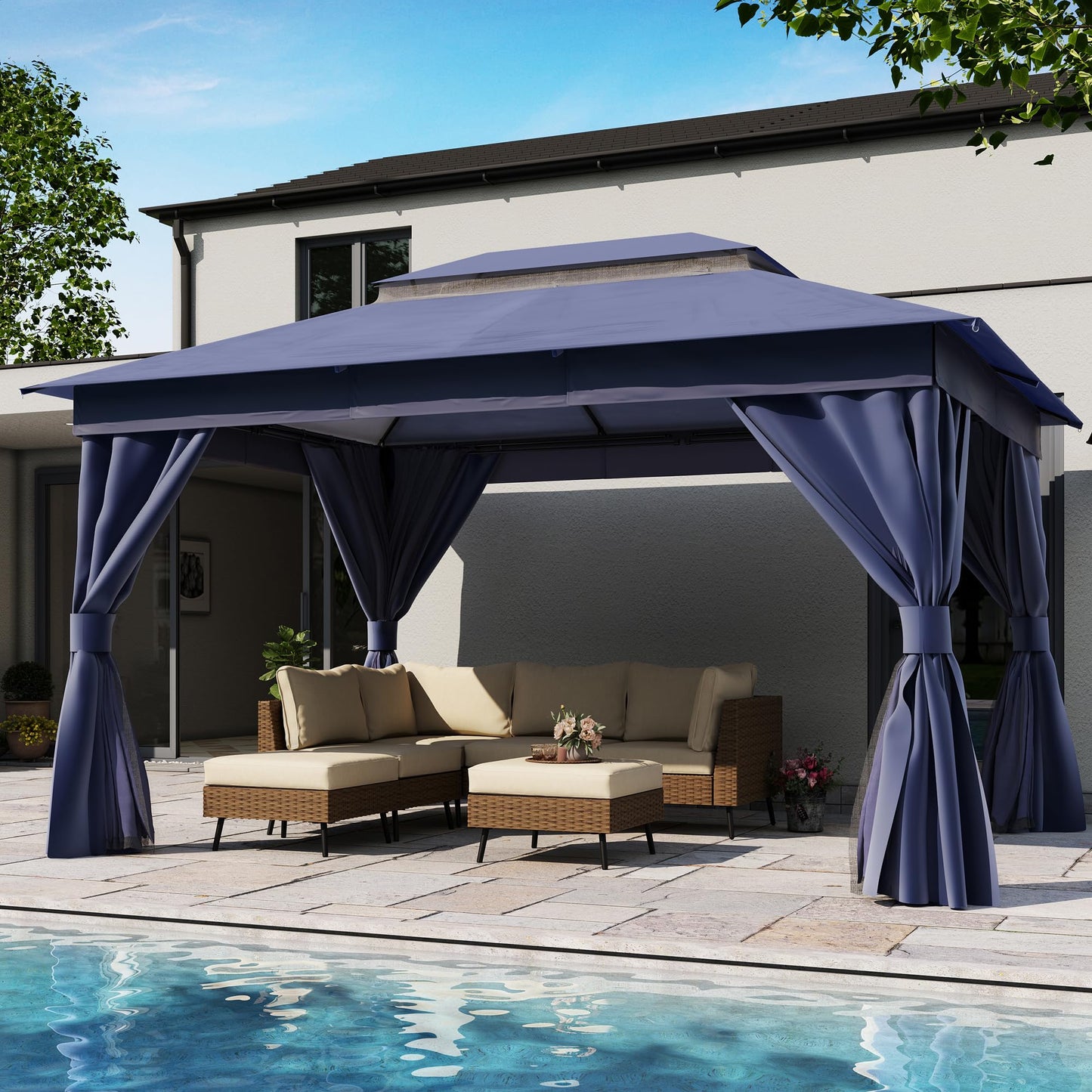 LAUSAINT HOME 10'x13' Outdoor Gazebo, Metal Frame Heavy Duty Patio Canopy Tent Shelter with Double Roofs, Mosquito Nettings and Privacy Screens for Backyard, Garden, Lawn, Navy Blue