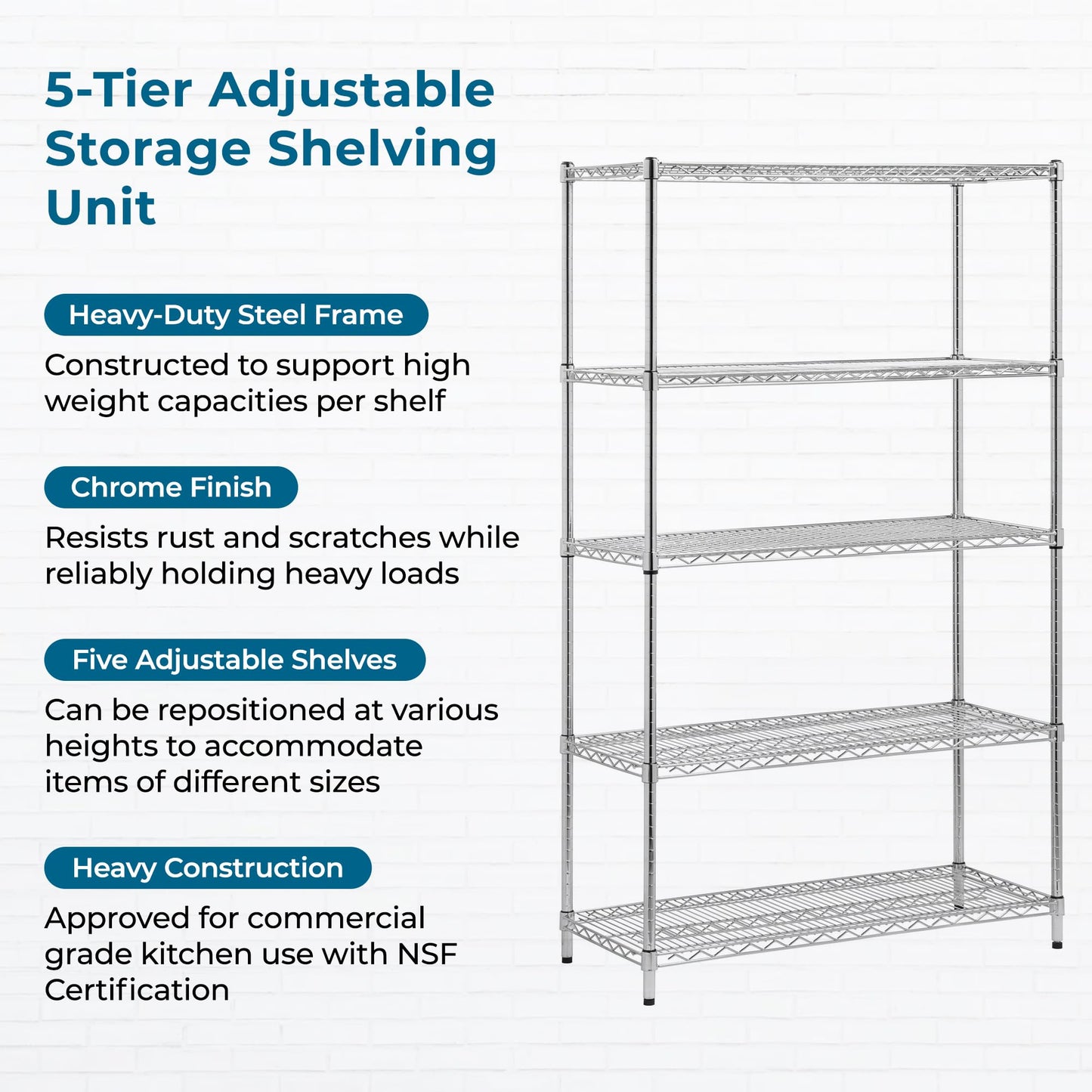 Honey-Can-Do 5-Tier Heavy-Duty Adjustable Shelves, Metal Storage Rack with 800-lb Shelf Capacity, Chrome, 18" W x 42" L x 72" H