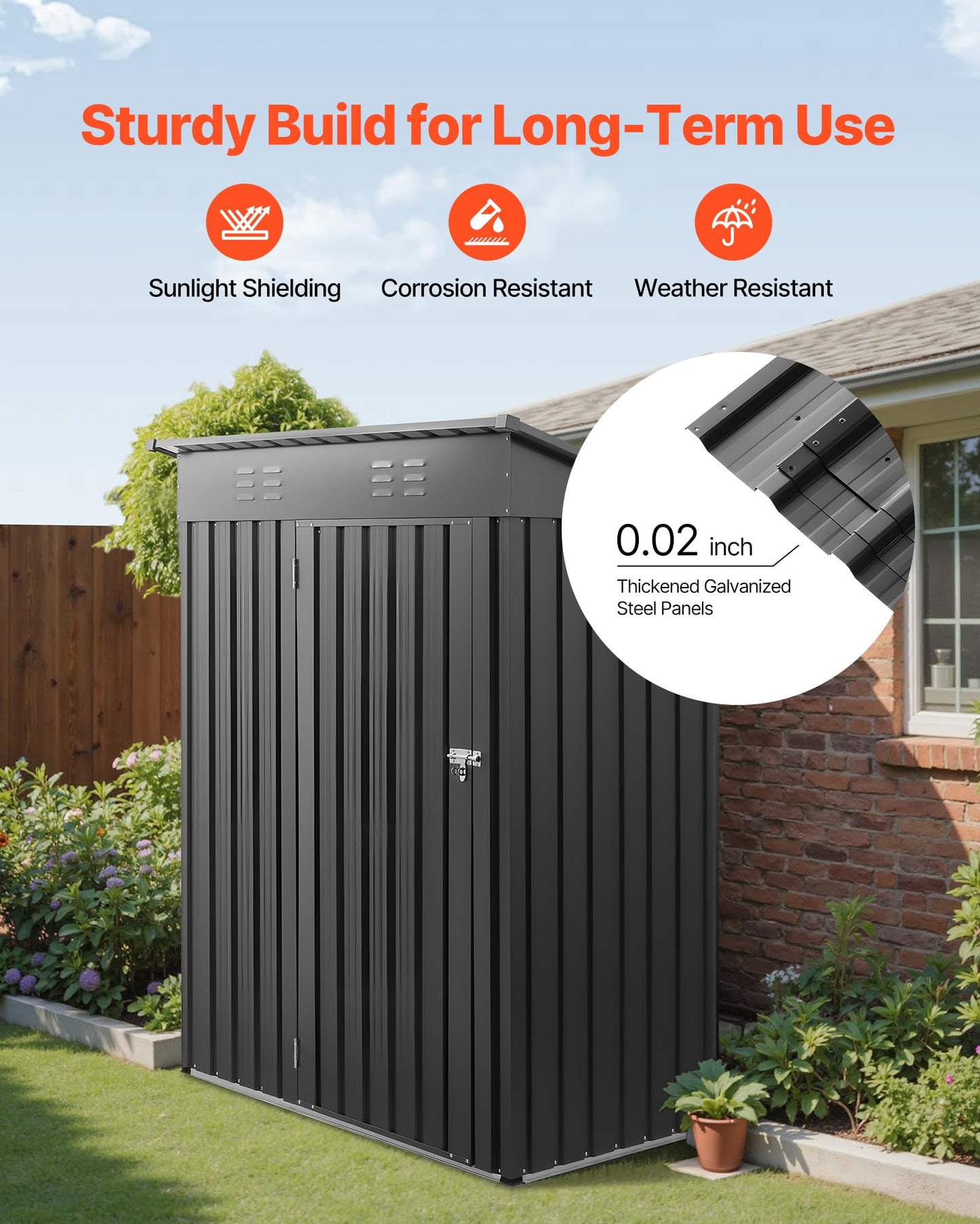 VEVOR 5 x 3 FT Metal Garden Shed, Storage Building with Lockable Door & 2 Louver Vents, Sloped Roof Metal Outdoor Storage Shed, Tool Sheds Outdoor Storage for Backyard, Garden, Patio, Bike, Gray