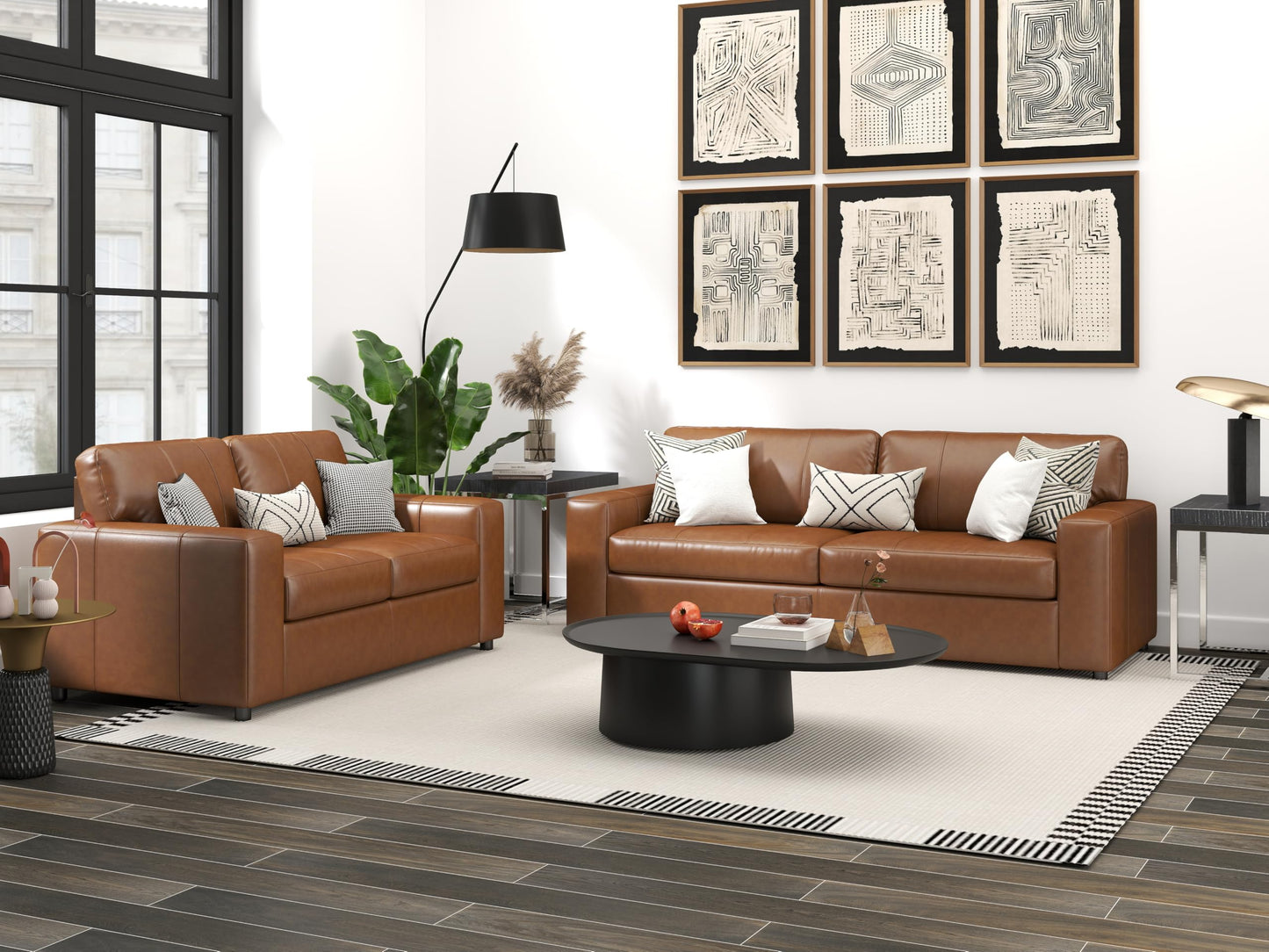 Roundhill Furniture Sakan Leather Upholstered 2-Piece Living Room Set, Sofa and Loveseat, Caramel