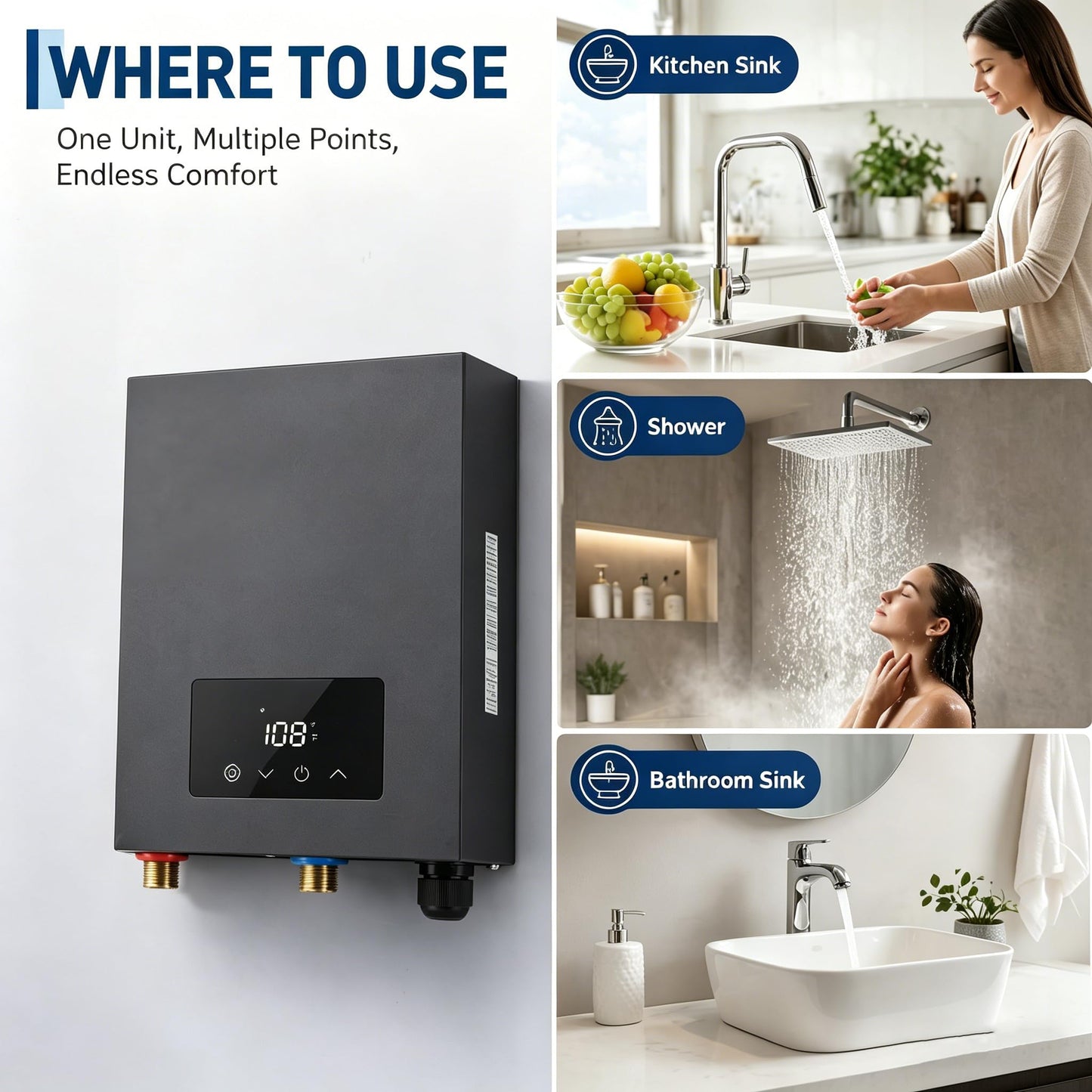 14kW 240V Tankless Water Heater Electric, Instant on-Demand Hot Water Heater with Smart Self-Modulating Technology, Compact Design for Point-of-Use Under Sink, Shower, and Kitchen, Gray