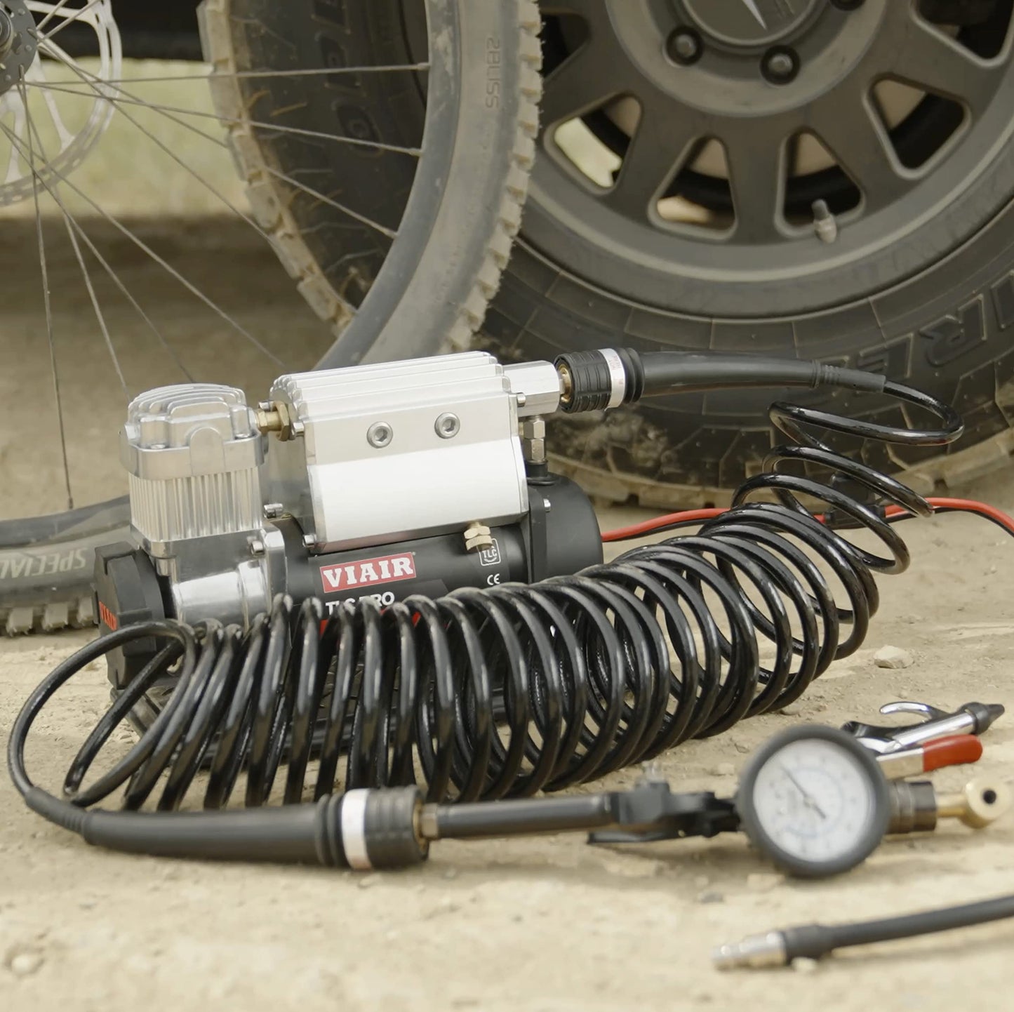 VIAIR TLC PRO Heavy-Duty Air Compressor - 150 PSI Portable Tire Inflator with 1/4 Gallon Air Tank - Includes Presta Valve Chuck & Shop-Style Inflation Gun - For Tubeless Bike Tire Setup