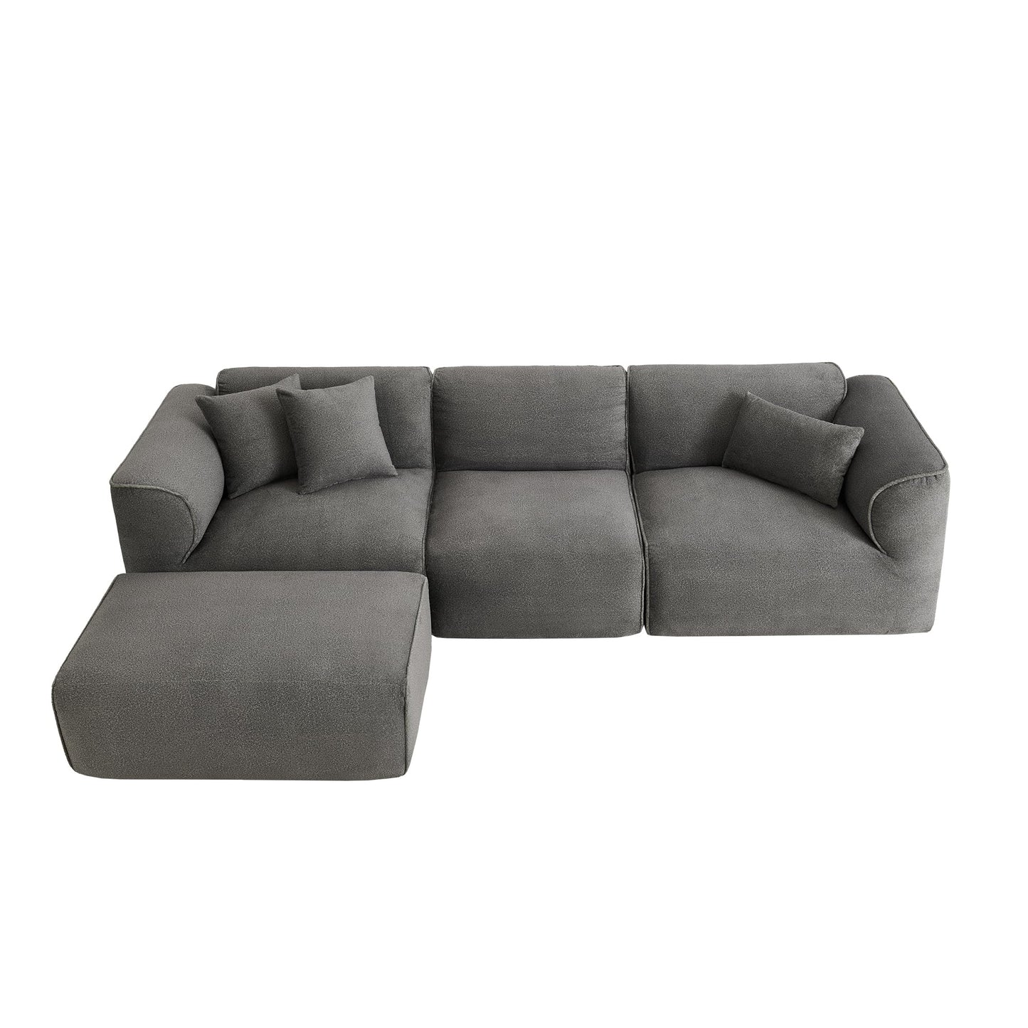 Merax Modern Oversized L-Shaped Sectional Sofa with Ottoman, Velvet 4-Seat Couch Set Sleeper Bed with 3 Throw Pillows, Gray