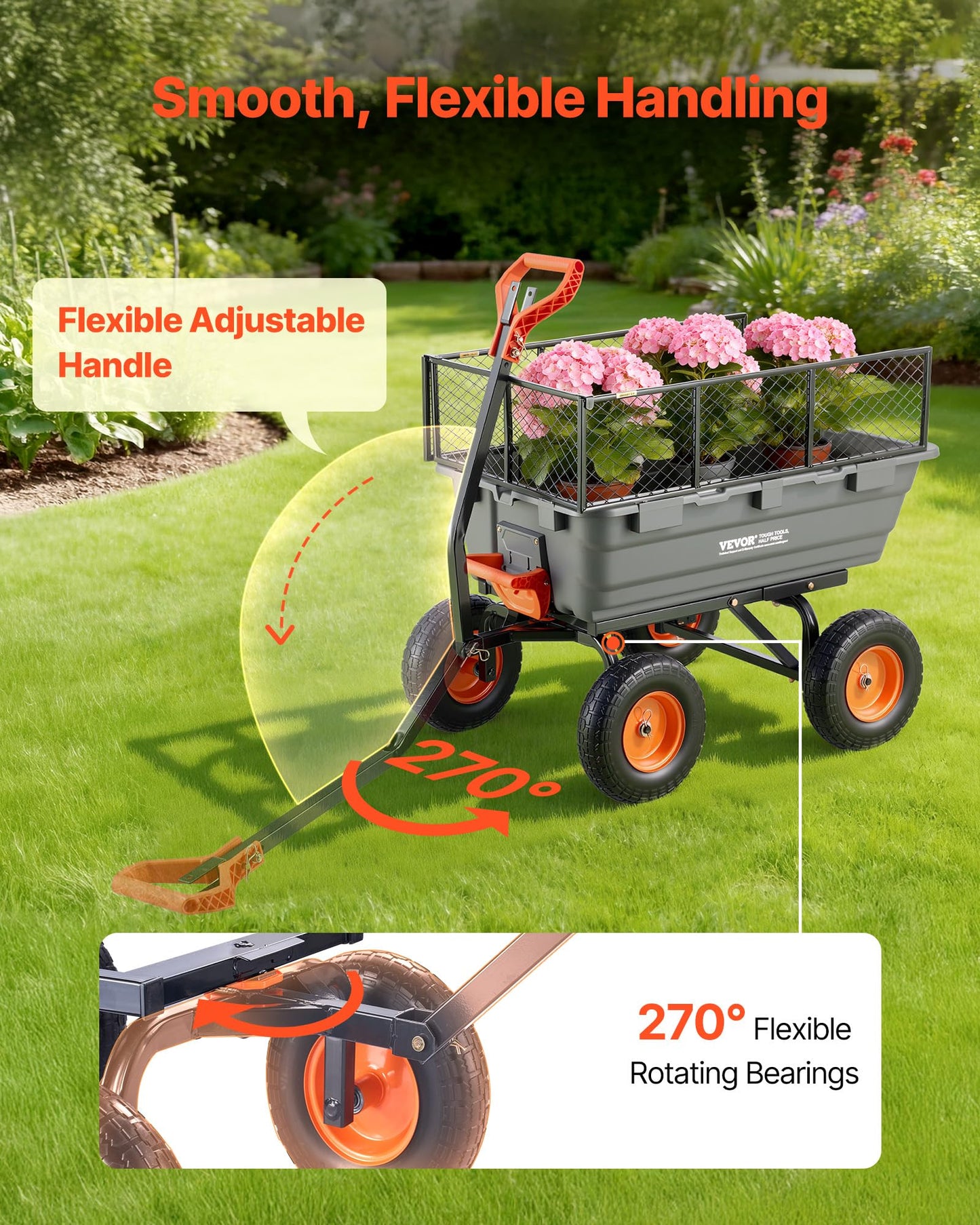 VEVOR 10 Cu.Ft 1200LBS Poly Garden Cart Dump Wagon, Heavy Duty Wheelbarrow with Convertible Handle and 13" Flat Free Tires, Outdoor Yard Wagon ATV Trailer Dump Cart Tow Behind for Lawn Mower Tractor