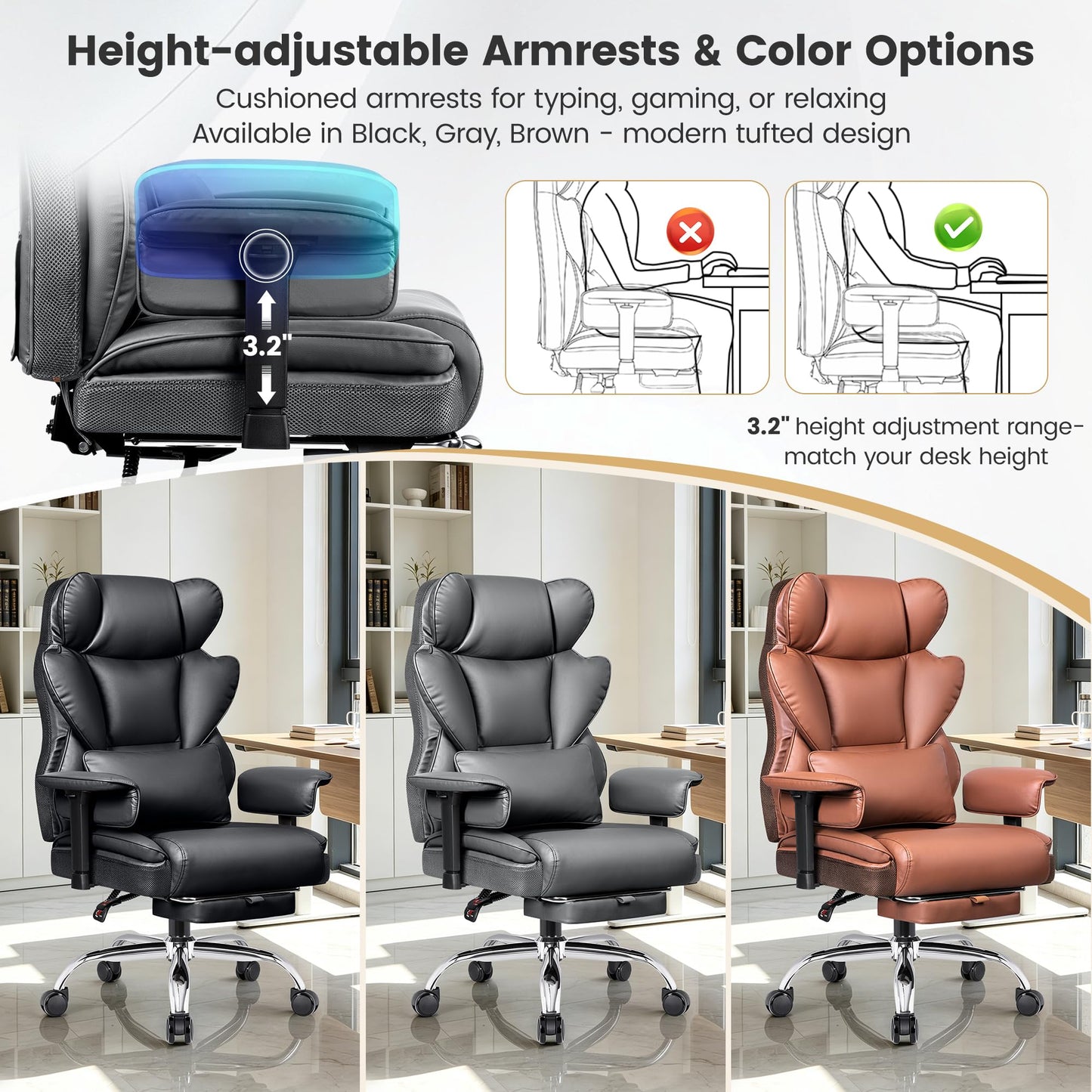 Stella Mia Big and Tall Office Chair, Heavy Duty Ergonomic Executive Computer Chair with Adjustable Arms and Wide Seat, PU Leather High Back for Heavy People, Gray 2 Pack
