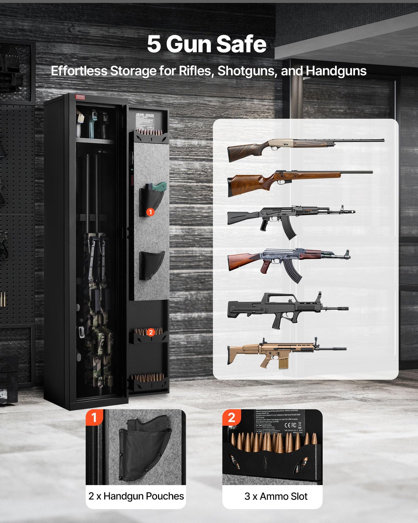 VEVOR Gun Safe, Heavy Duty Cold-Rolled Steel Rifle Cabinet with Fingerprint & Key, Large Long Gun Cabinet with Magazine and LED, Adjustable Racks for Rifles, Pistols, Shotgun(Assembly Required)