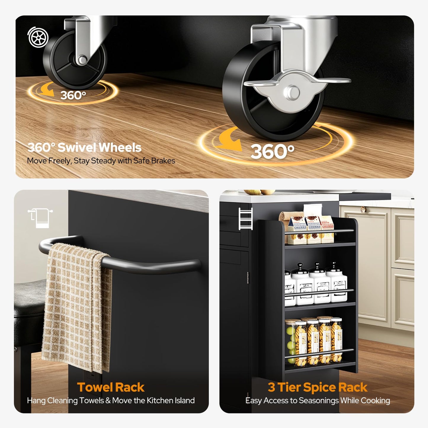 Concho 41'' Rolling Kitchen Island with Seating and Stainless Steel Countertop, Mobile Kitchen Carts with Folding Drop Leaf, Bar Stool, Power Outlet, Spice/Towel Rack, Zest Black