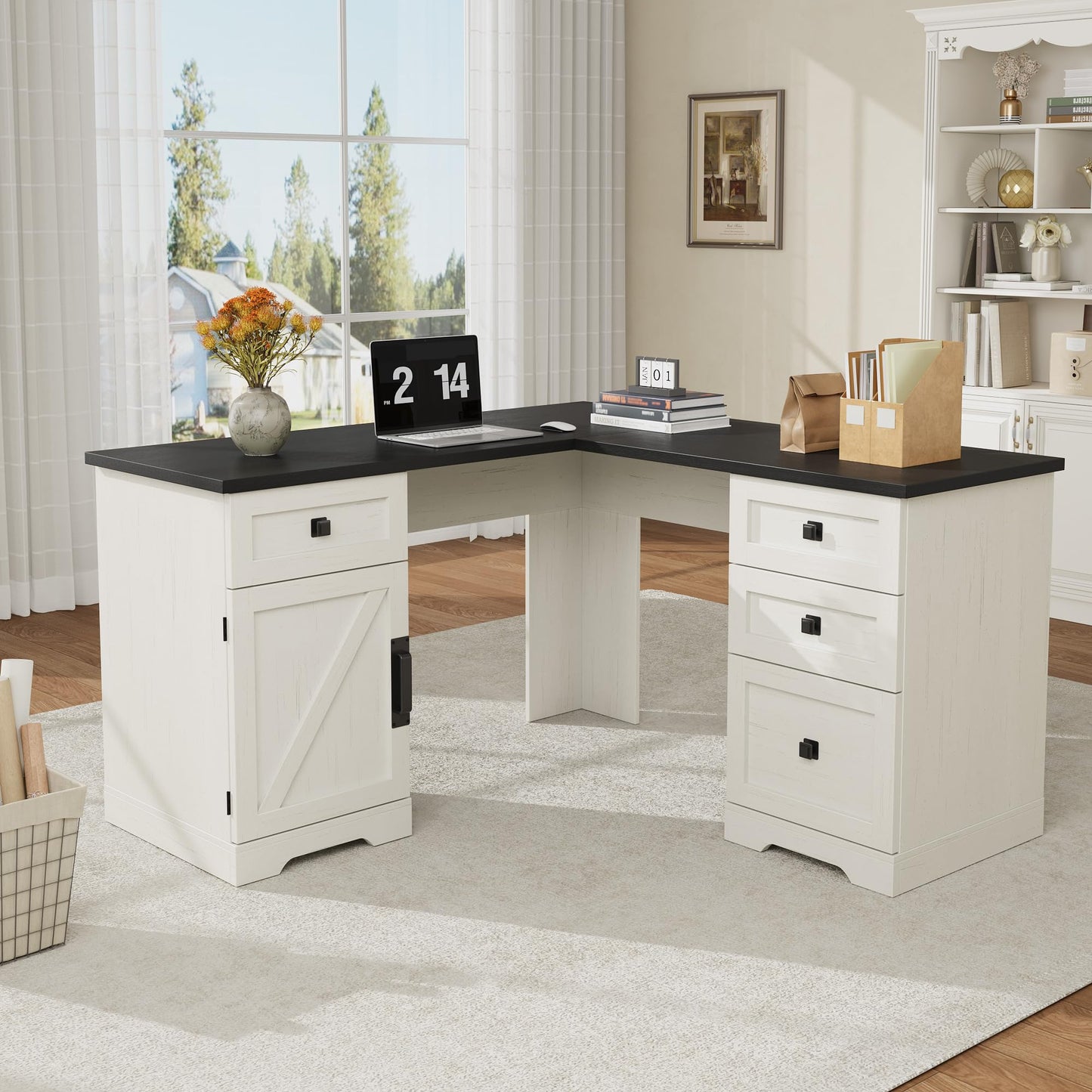 GarveeHome 60" Executive L Shaped Desk, Farmhouse Home Office Desk with File Drawers and Storage Cabinet, Corner Computer Desk with Adjustable Side Storage Cabinet (Black)
