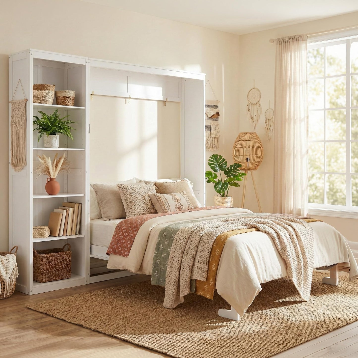 Merax Space-Saving White Murphy Bed Queen Size with Adjustable Storage Shelves, Multifunctional Foldable Wall Bed for Small Spaces Studio Study Office Guest Room