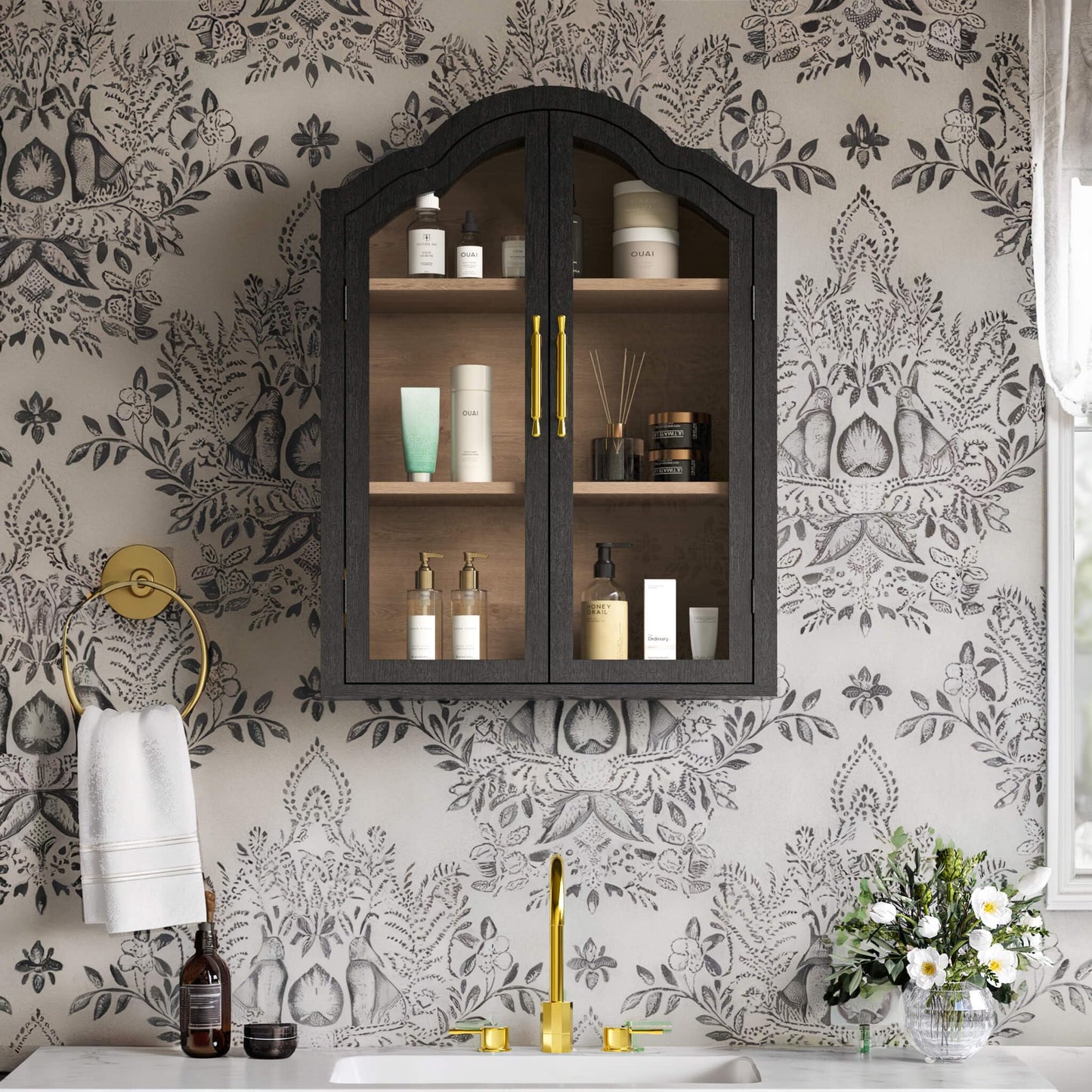 Laundry Wall Mounted Storage Cabinets with Adjustable Shelf,Glass Display Wall Cabinet with Tempered Glass Doors,Arched Wall Medicine Cabinet for Kitchen,Bathroom,Laundry room,Living Room,Black